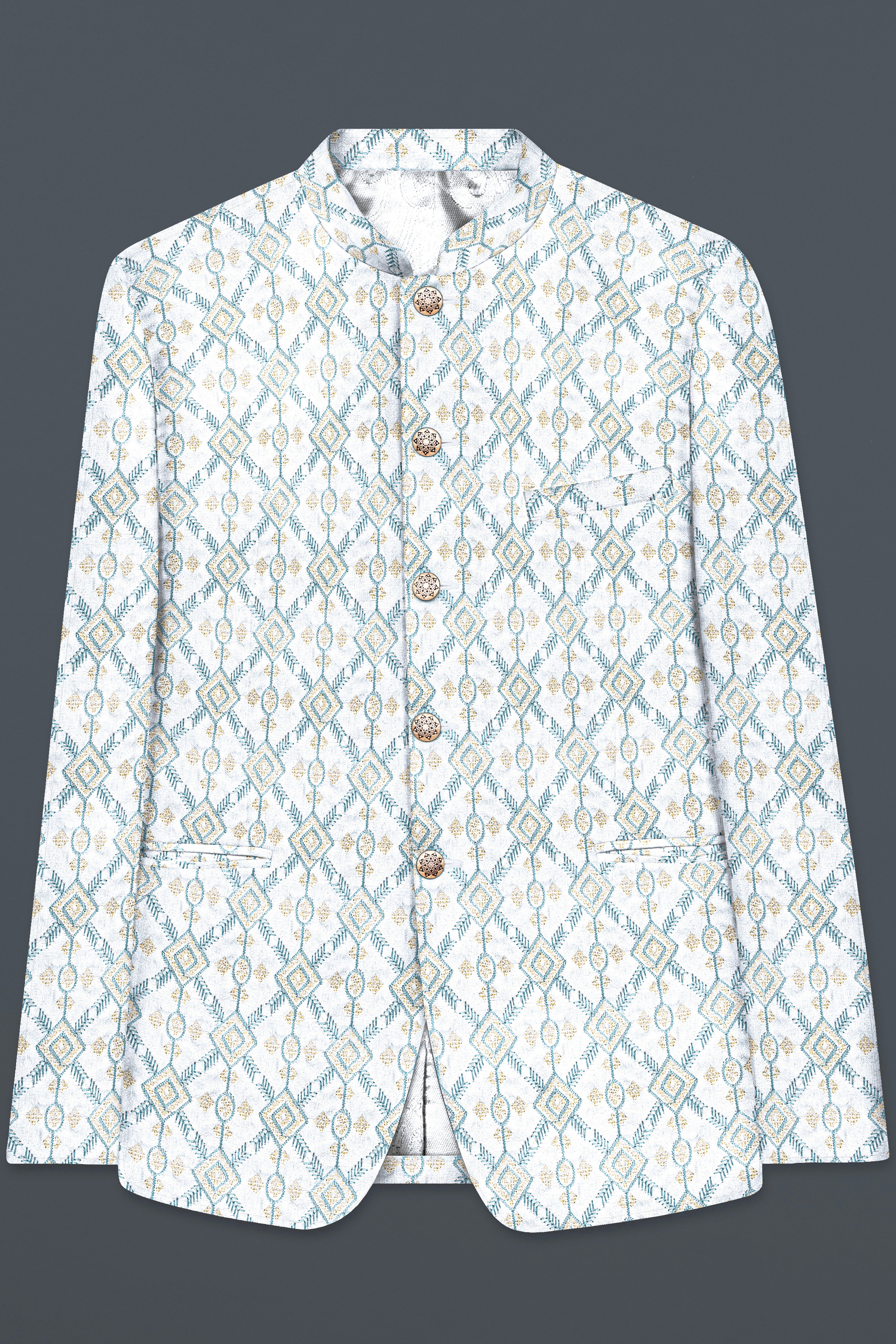 Bright White And Metallic Blue Trellis Thread Embroidered Bandhgala Jodhpuri