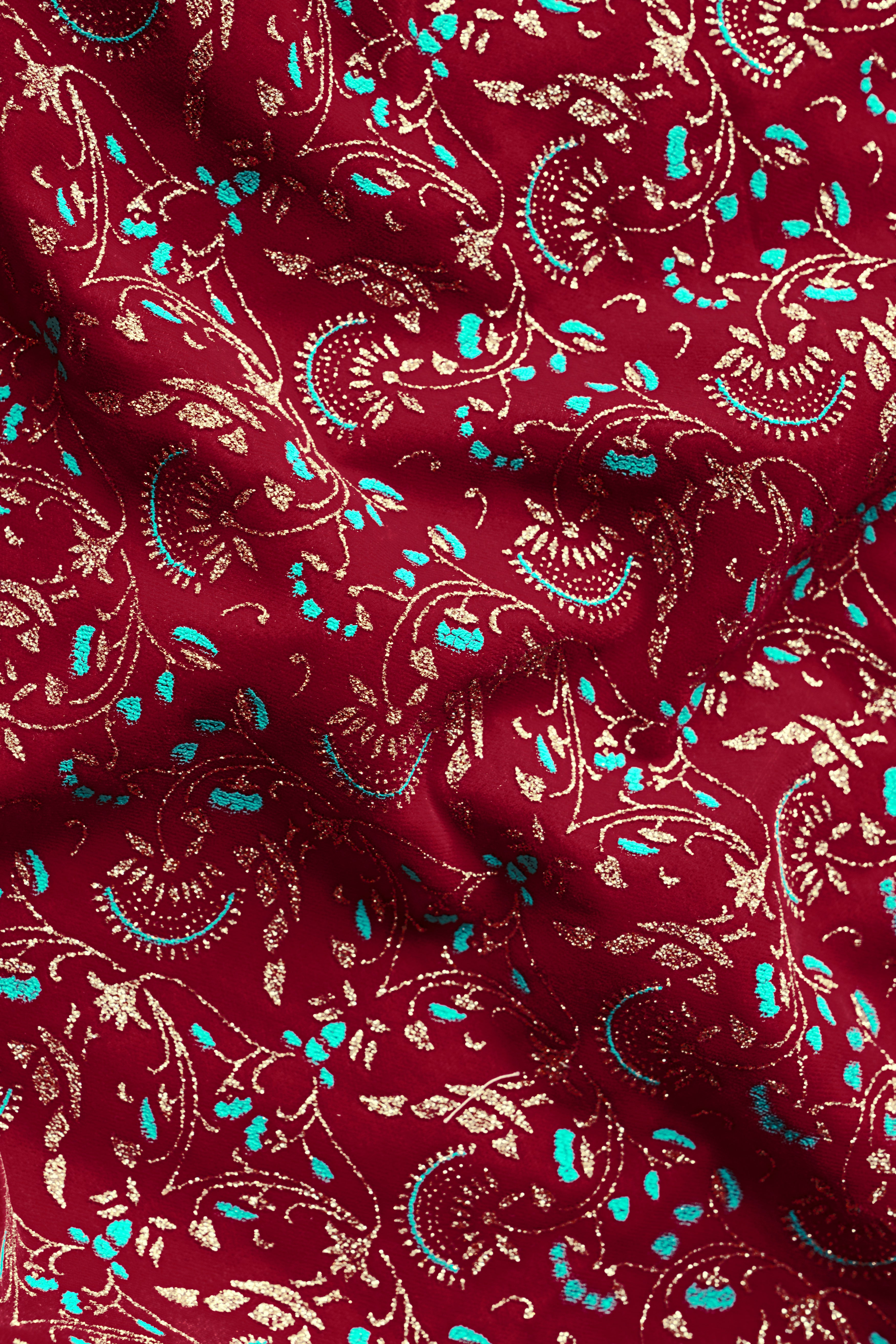 Claret Red And Aqua Marine Blue Velvet Printed Designer Bandhgala Jodhpuri