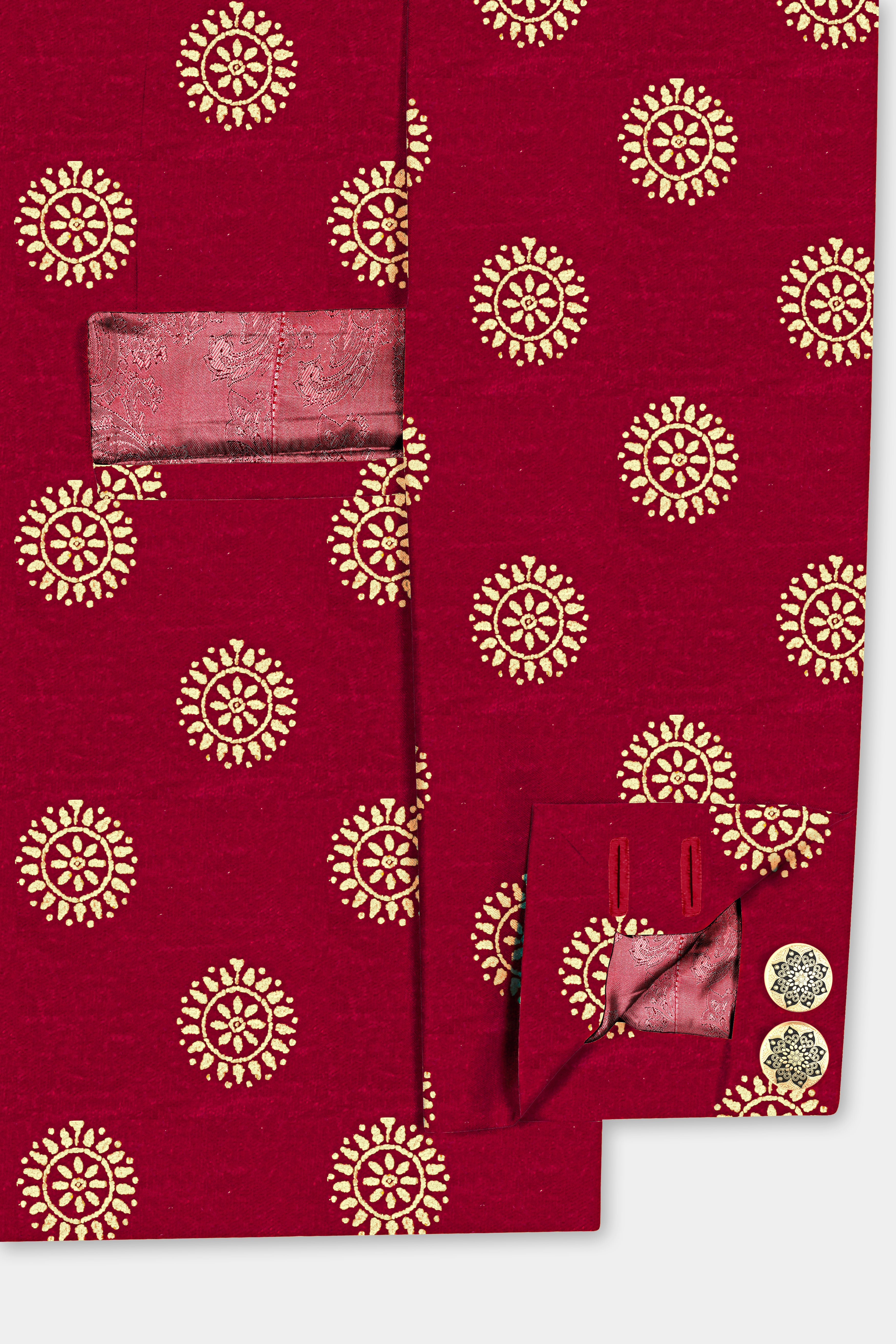 Paprika Red And Golden Circle Velvet Floral Foil Printed Bandhgala Jodhpuri