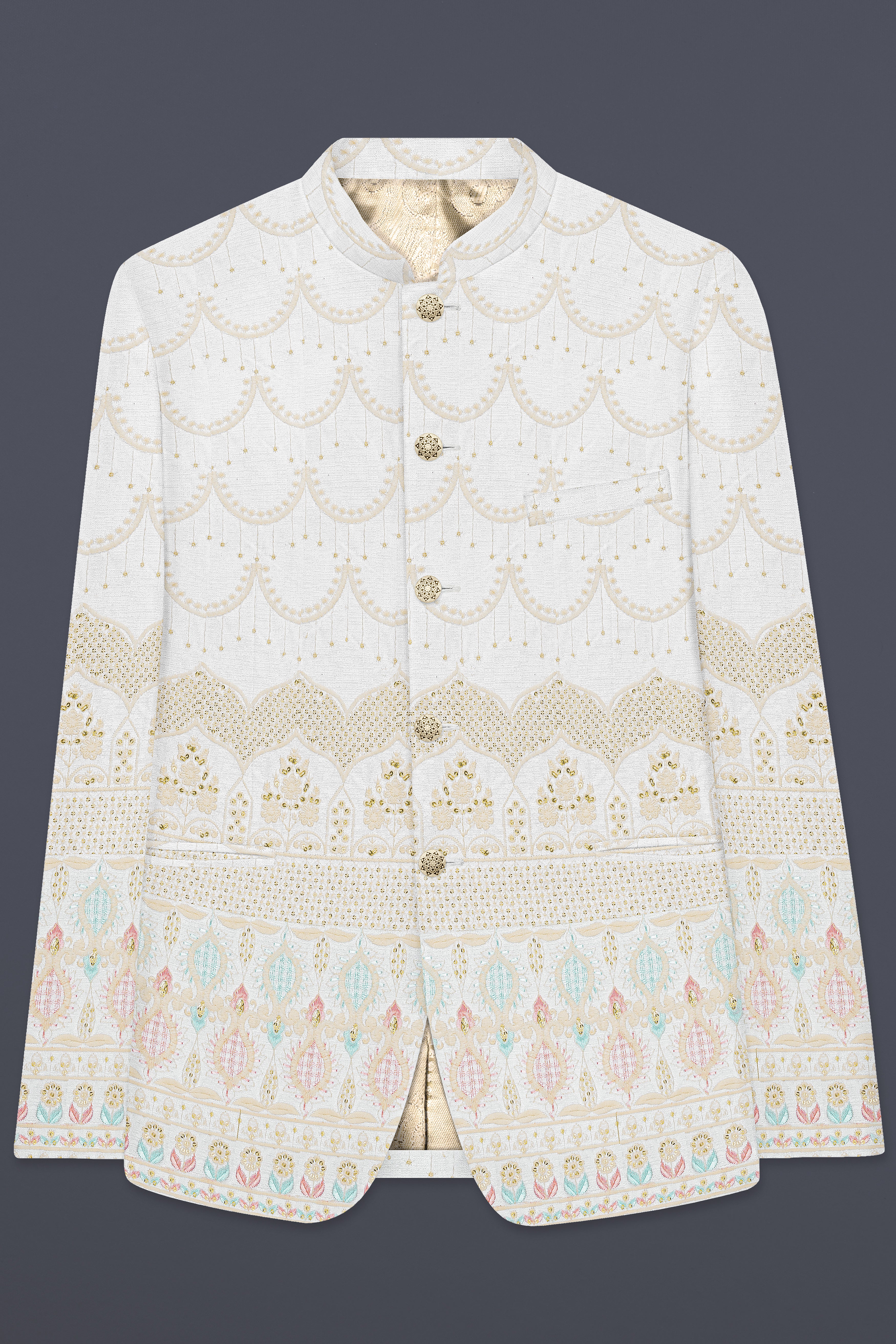 Off White And Oriental Pink Sequins Embroidered Bandhgala Jodhpuri