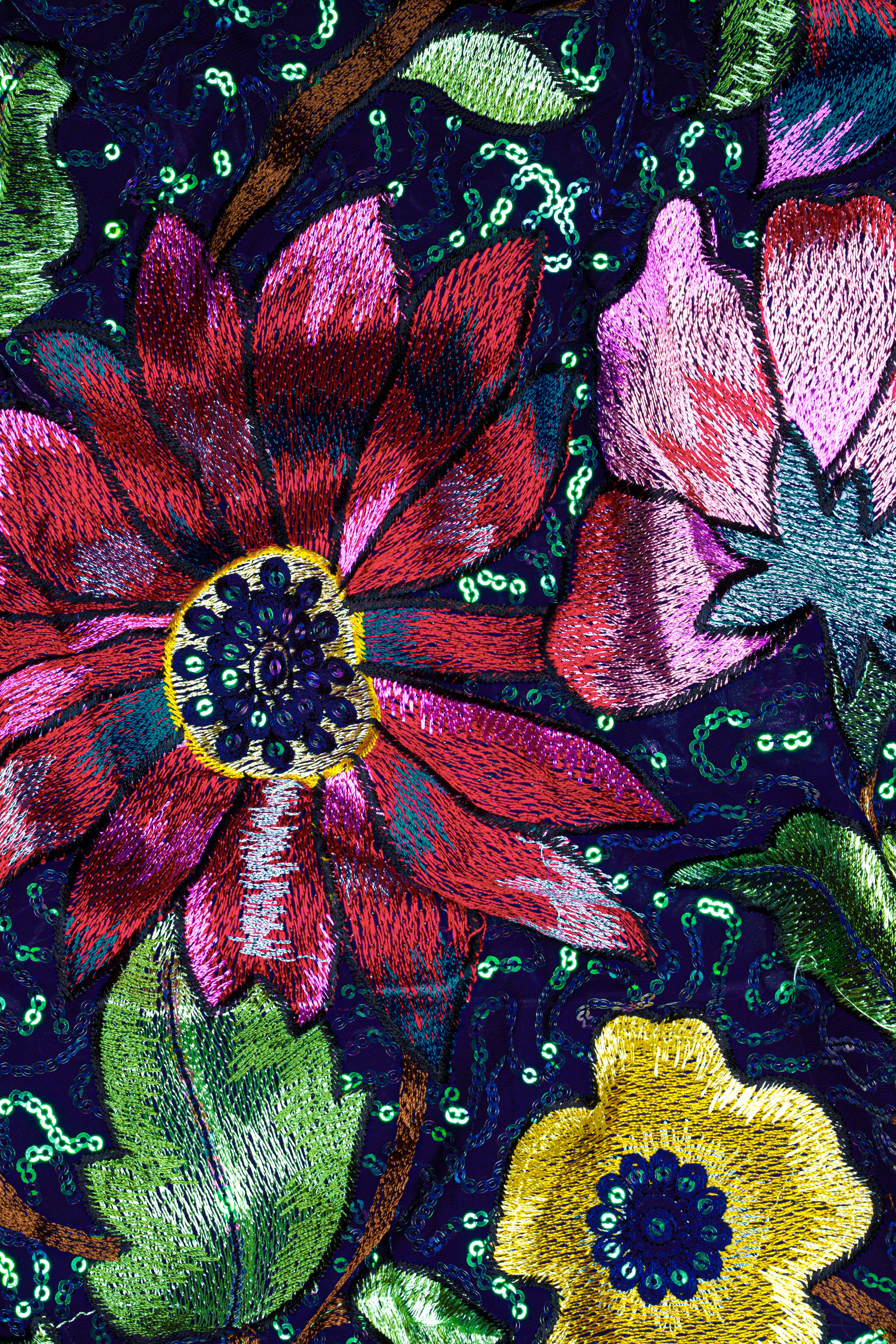 Indigo Blue Multi Color Flower Valley Printed Embroidered Cross Placket Bandhgala Jodhpuri