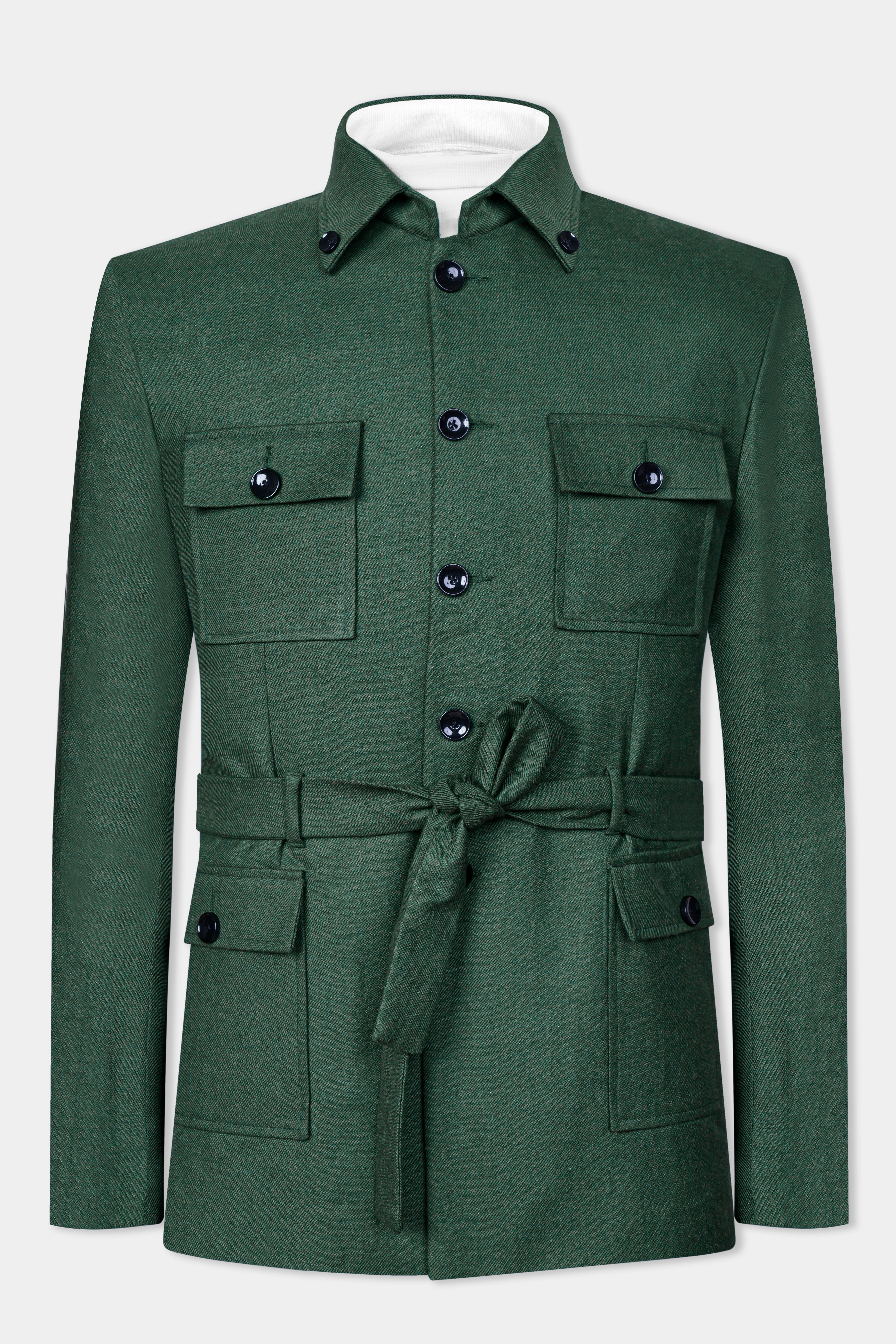 Plantation Green Tweed Designer Jacket Blazer With Functional Belt Fastening