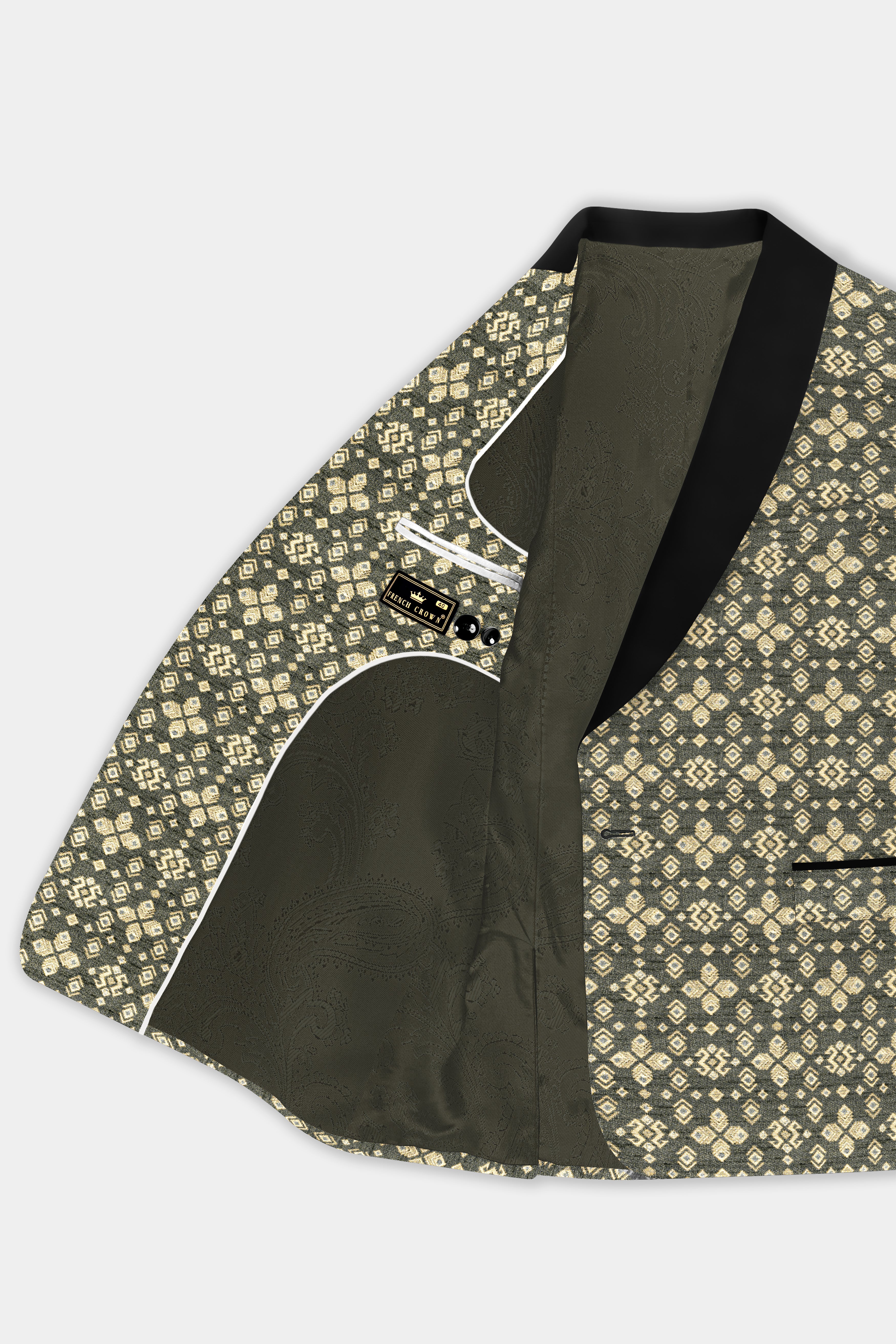 Kelp Green and Fawn Brown Jacquard Weave Tuxedo Blazer BL3701-BKL-36, BL3701-BKL-38, BL3701-BKL-40, BL3701-BKL-42, BL3701-BKL-44, BL3701-BKL-46, BL3701-BKL-48, BL3701-BKL-50, BL3701-BKL-52, BL3701-BKL-54, BL3701-BKL-56, BL3701-BKL-58, BL3701-BKL-60