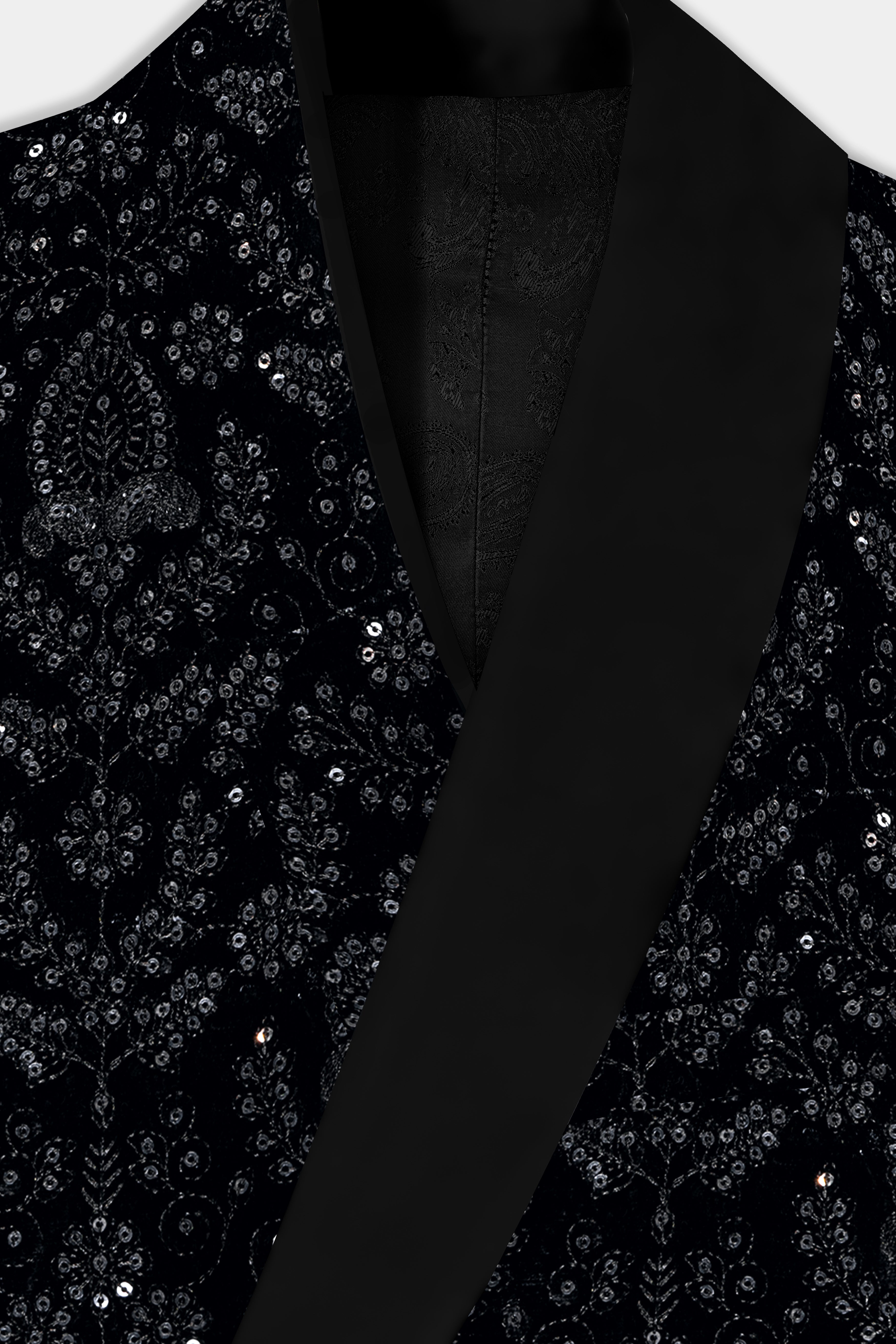 Jade Black Thread and Sequin Embroidered Tuxedo Blazer BL3705-BKL-36, BL3705-BKL-38, BL3705-BKL-40, BL3705-BKL-42, BL3705-BKL-44, BL3705-BKL-46, BL3705-BKL-48, BL3705-BKL-50, BL3705-BKL-52, BL3705-BKL-54, BL3705-BKL-56, BL3705-BKL-58, BL3705-BKL-60