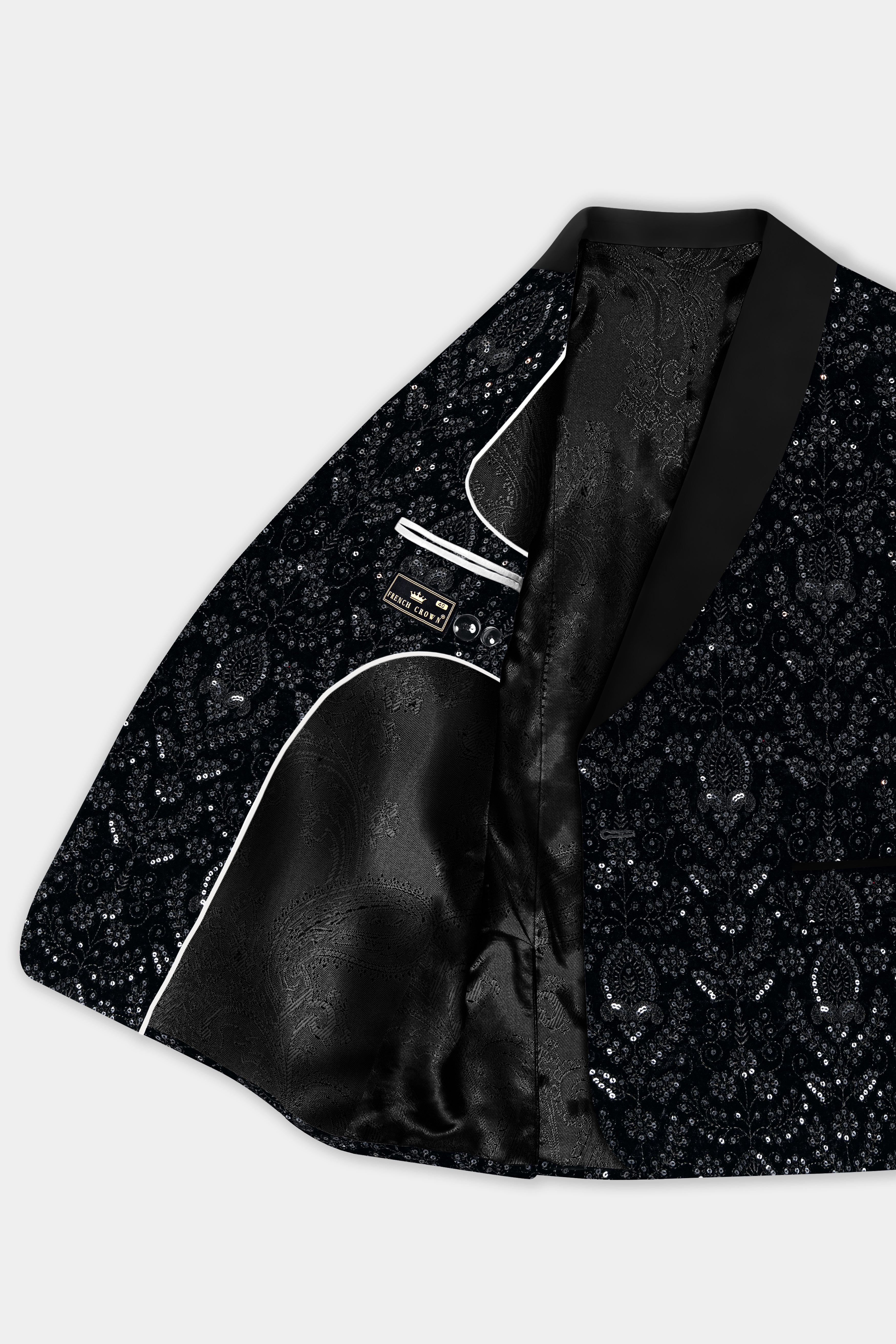 Jade Black Thread and Sequin Embroidered Tuxedo Blazer BL3705-BKL-36, BL3705-BKL-38, BL3705-BKL-40, BL3705-BKL-42, BL3705-BKL-44, BL3705-BKL-46, BL3705-BKL-48, BL3705-BKL-50, BL3705-BKL-52, BL3705-BKL-54, BL3705-BKL-56, BL3705-BKL-58, BL3705-BKL-60