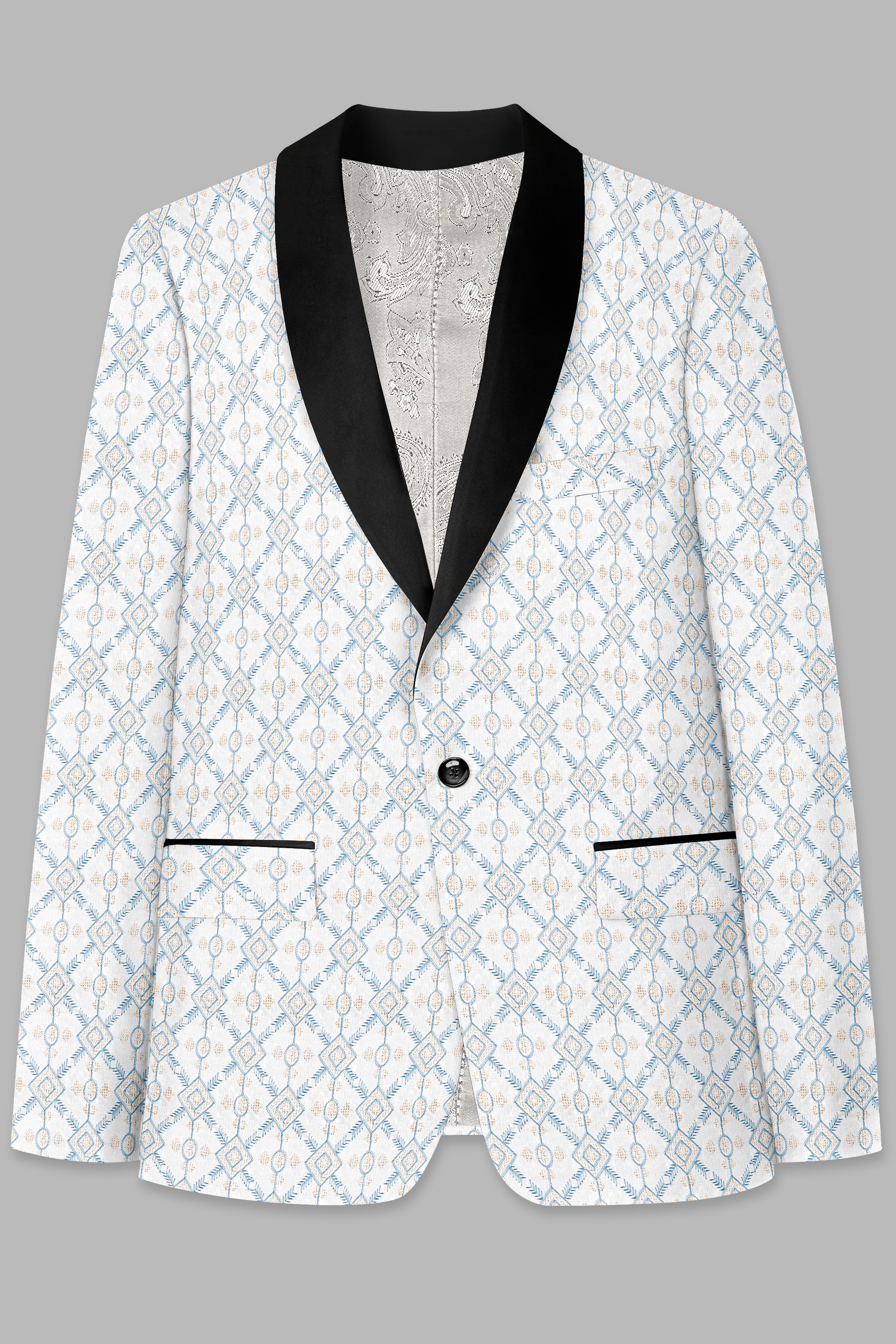 Sand Cream and Glacier Blue Geometric Thread Embroidered Tuxedo Blazer BL3737-BKL-36, BL3737-BKL-38, BL3737-BKL-40, BL3737-BKL-42, BL3737-BKL-44, BL3737-BKL-46, BL3737-BKL-48, BL3737-BKL-50, BL3737-BKL-52, BL3737-BKL-54, BL3737-BKL-56, BL3737-BKL-58, BL3737-BKL-60