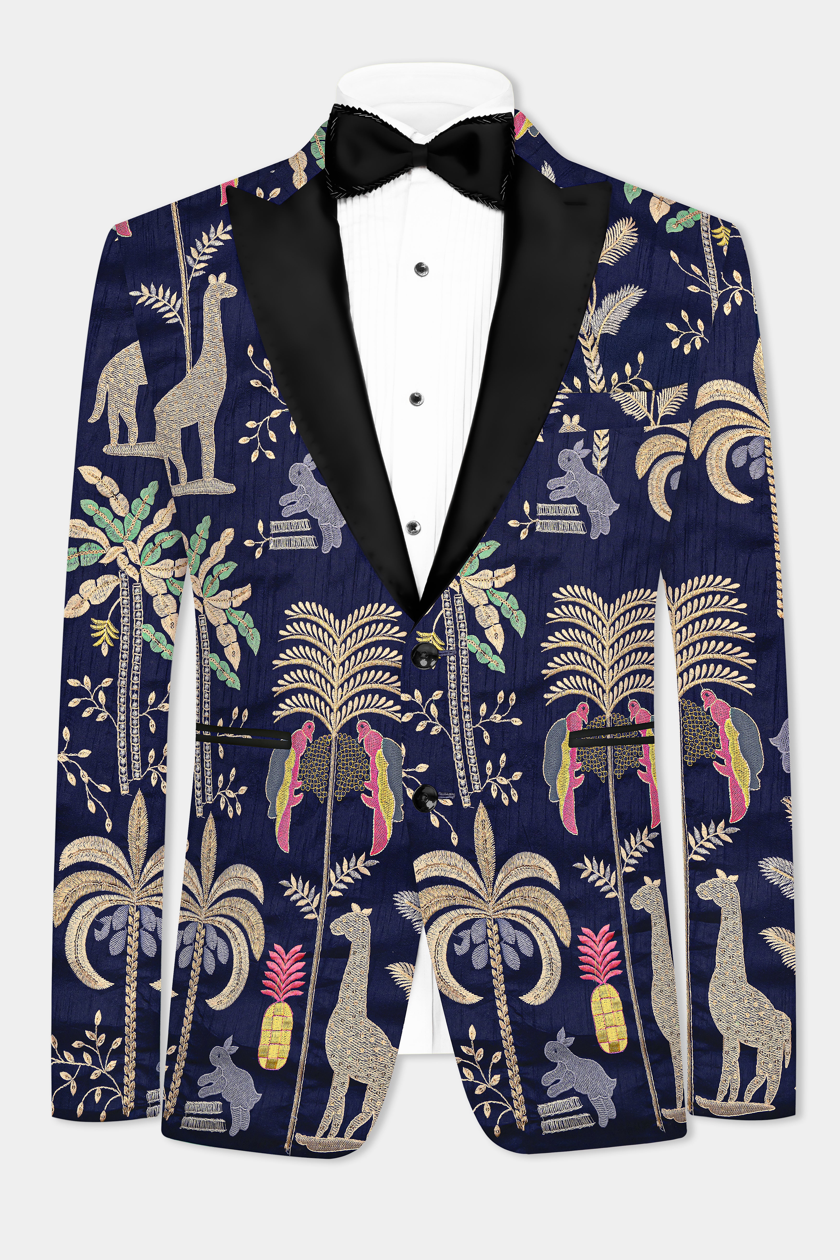 Midnight Blue Tropical Embroidered Jungle Printed Peak Collar Tuxedo Blazer