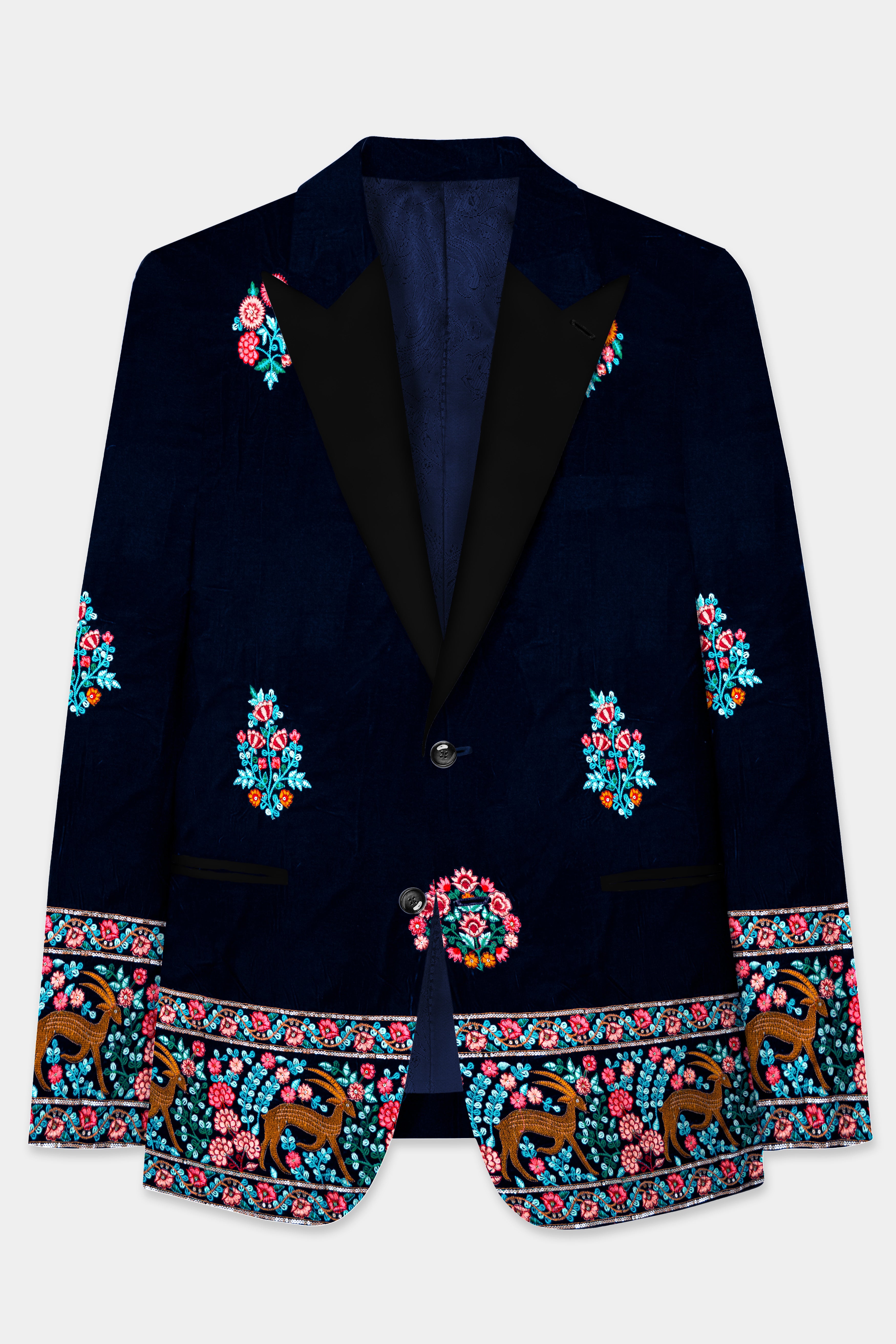 Tealish Blue Embroidered Butta printed Velvet Peak Collar Tuxedo Blazer