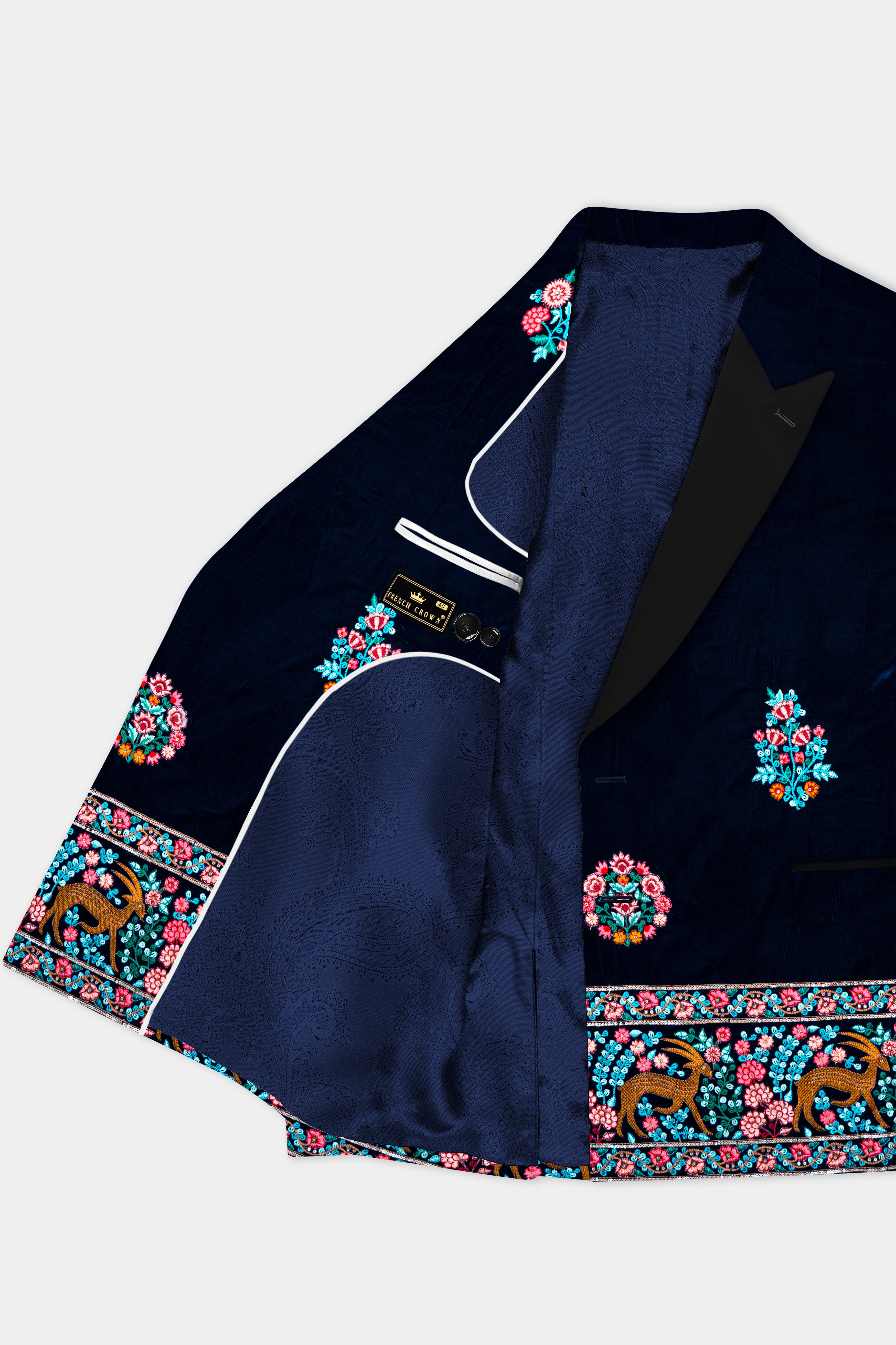 Tealish Blue Embroidered Butta printed Velvet Peak Collar Tuxedo Blazer