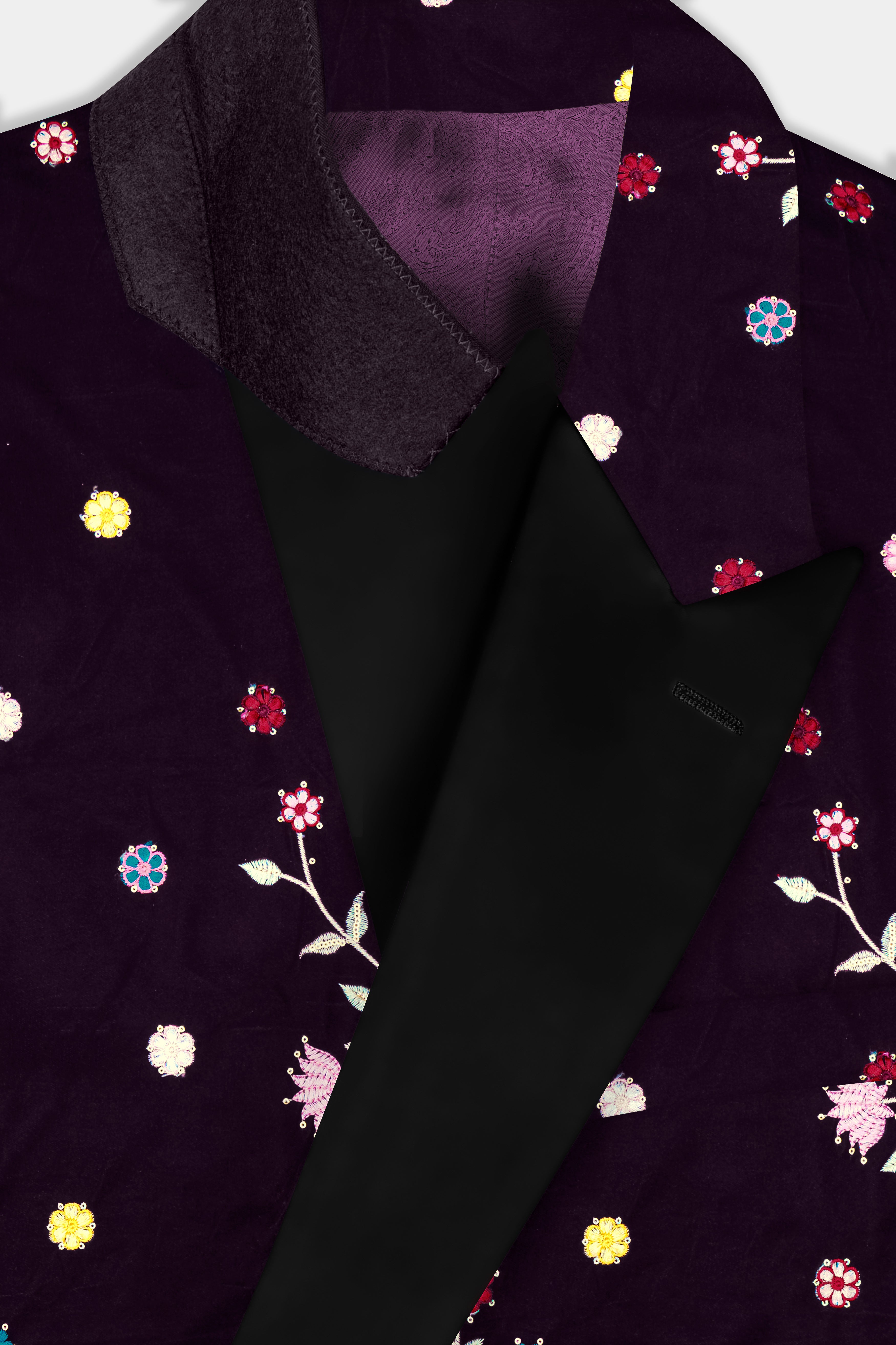 Melanzane Purple Multicolor Embroidered Printed Peak Collar Tuxedo Blazer