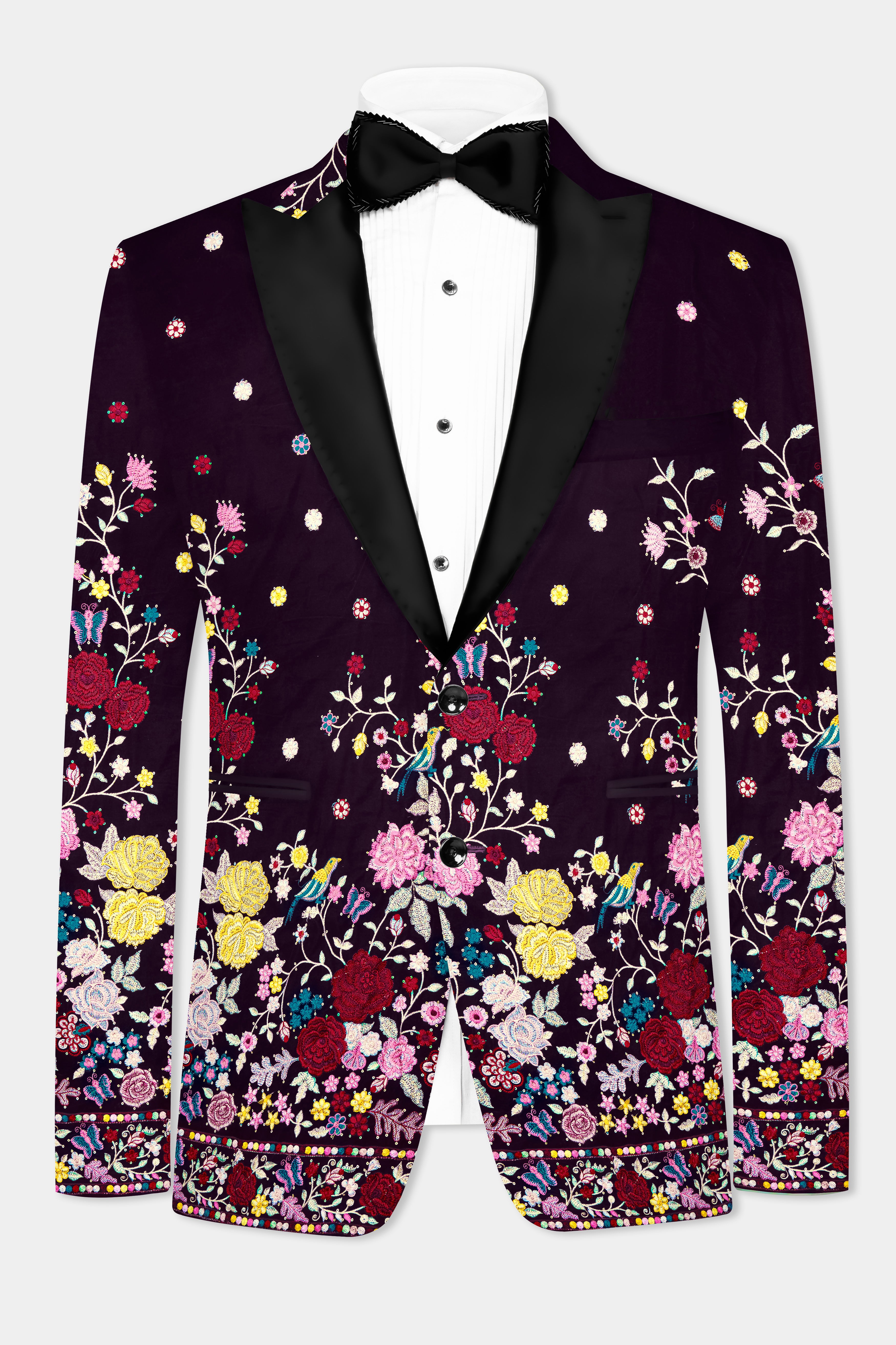 Melanzane Purple Multicolor Embroidered Printed Peak Collar Tuxedo Blazer