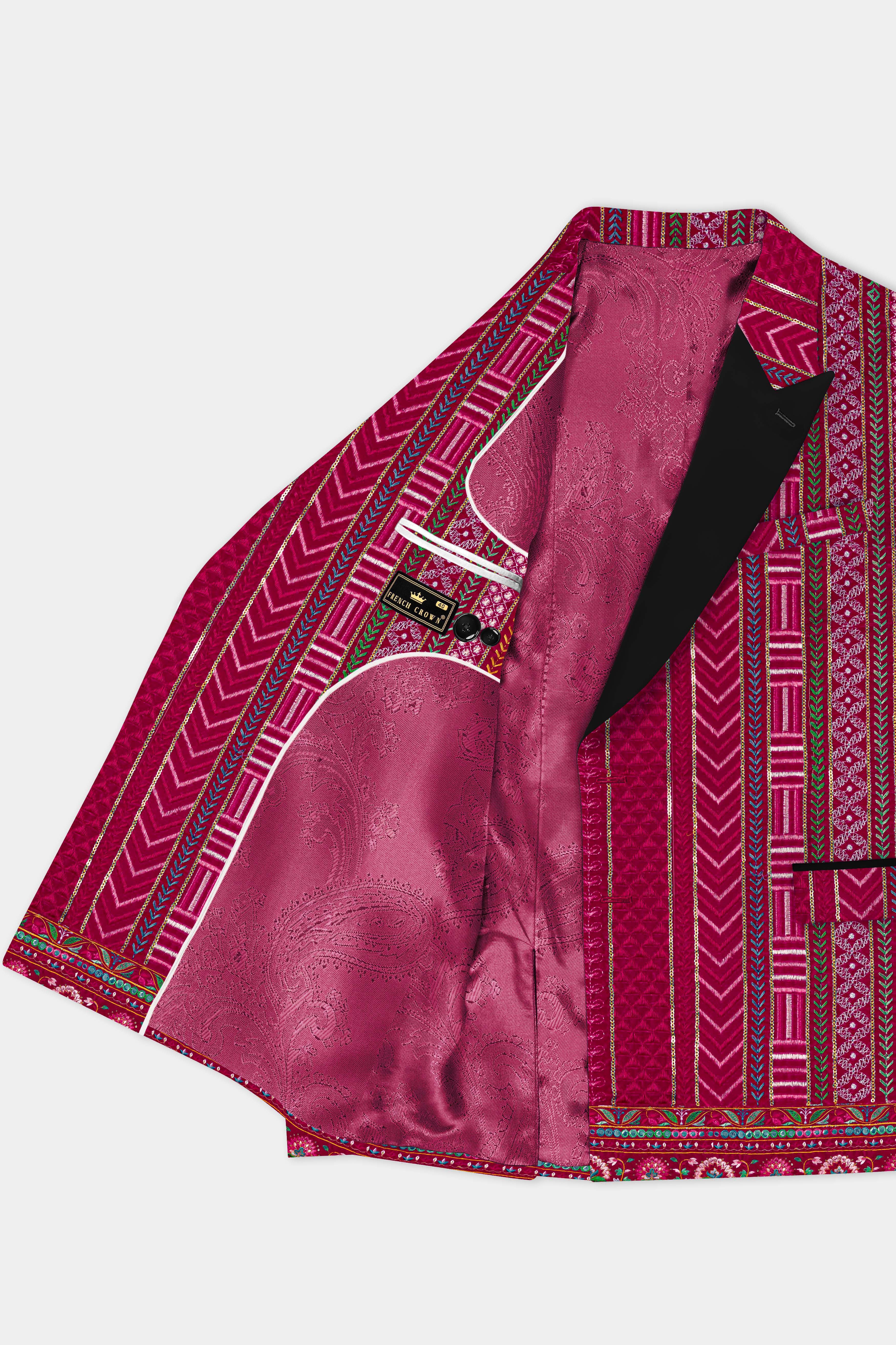 Merlot Pink sequin and Multicolor thread Embroidered Velvet Peak Collar Tuxedo Blazer