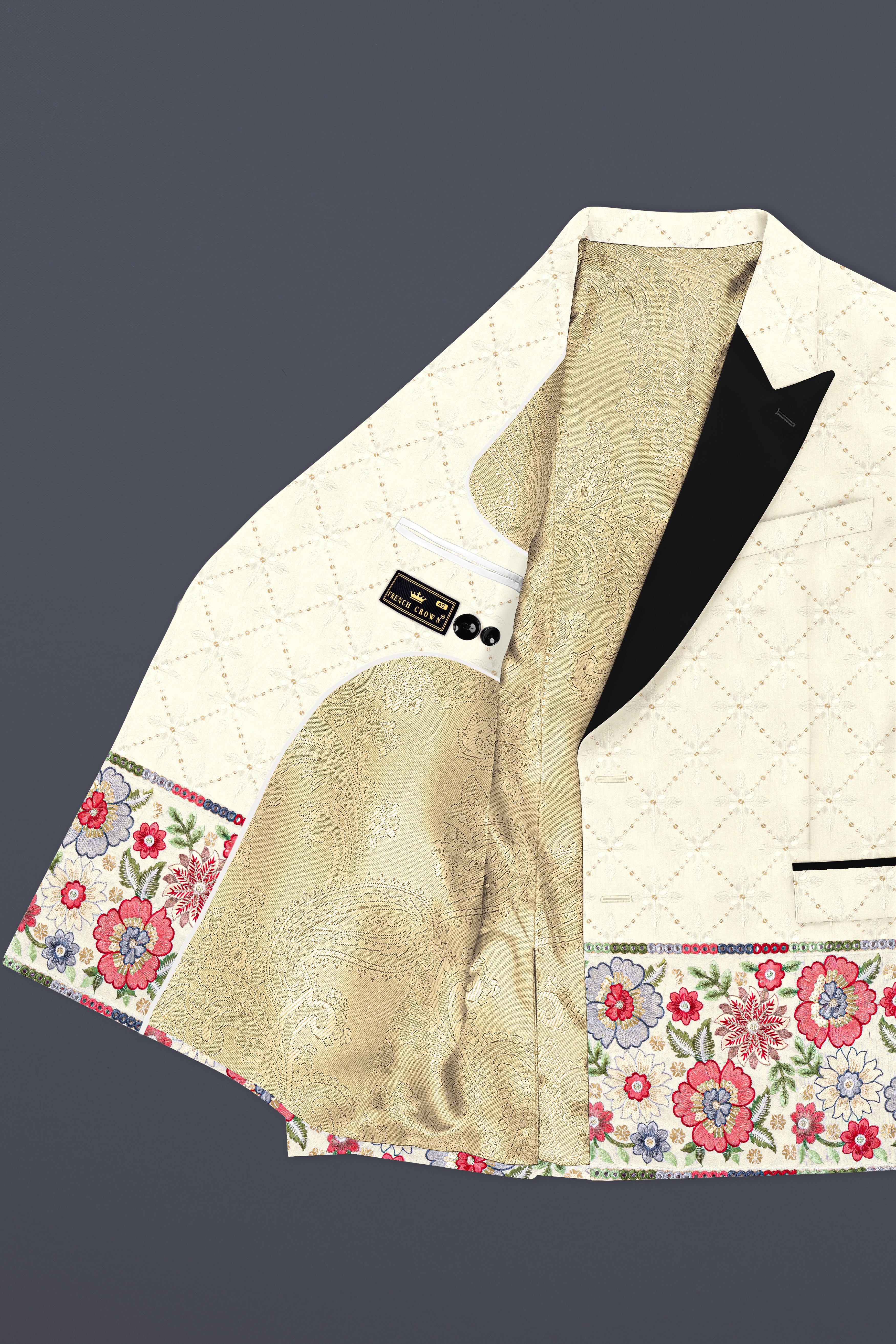 Swizzle Cream sequin and Multicolor thread Embroidered Peak Collar Tuxedo Blazer