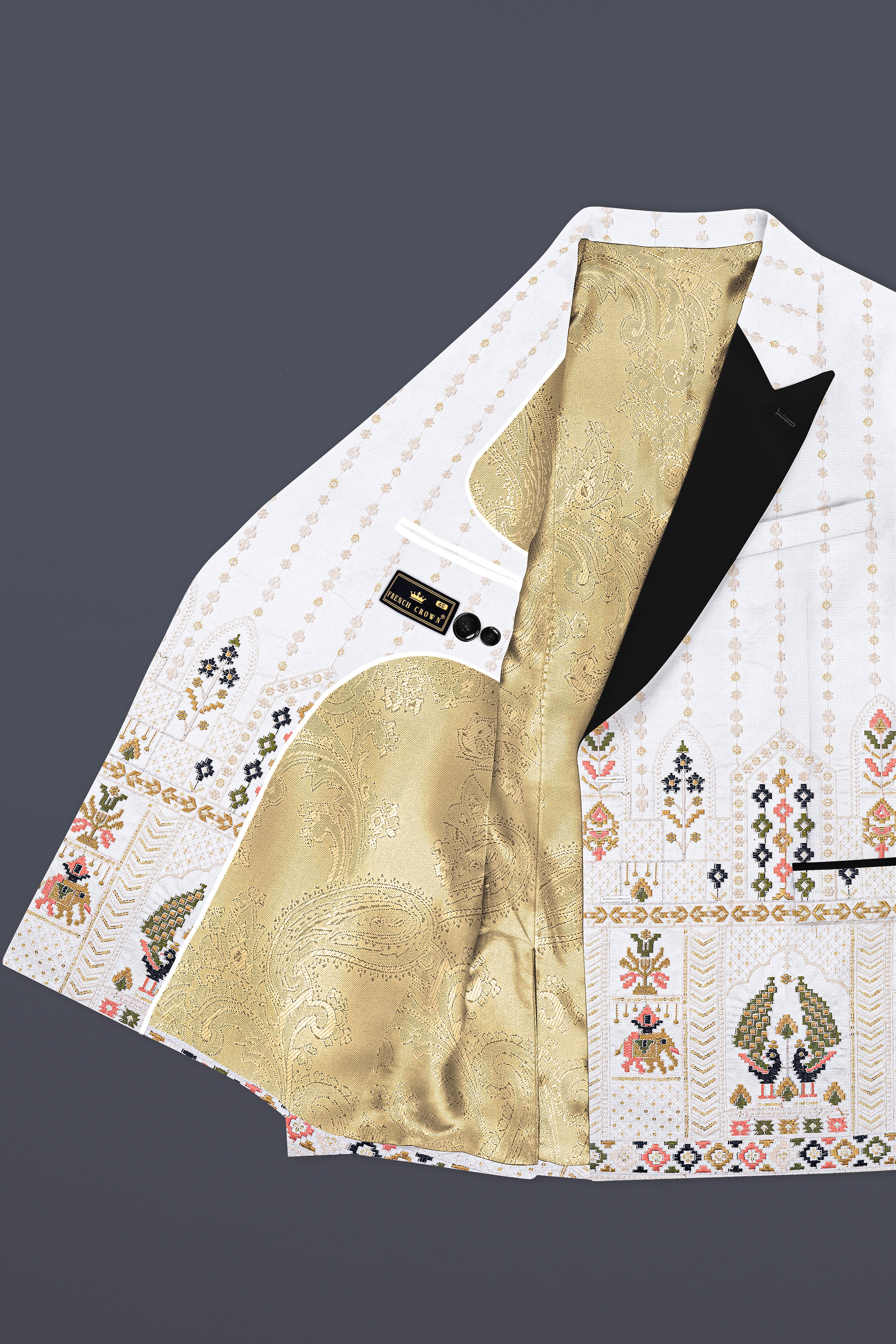 Off White Multicolor Sequin and thread Embroidered Peak Collar Tuxedo Blazer