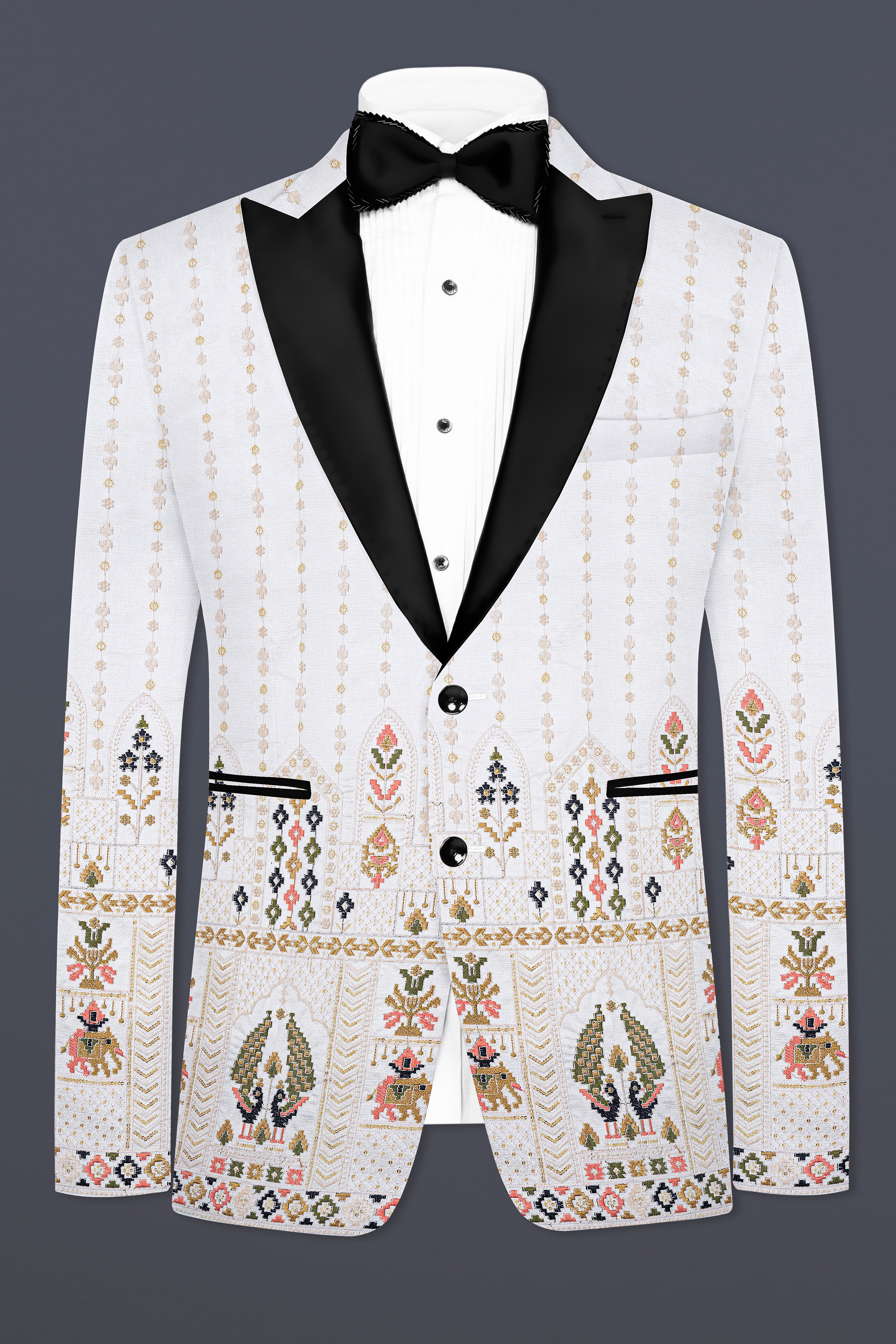 Off White Multicolor Sequin and thread Embroidered Peak Collar Tuxedo Blazer