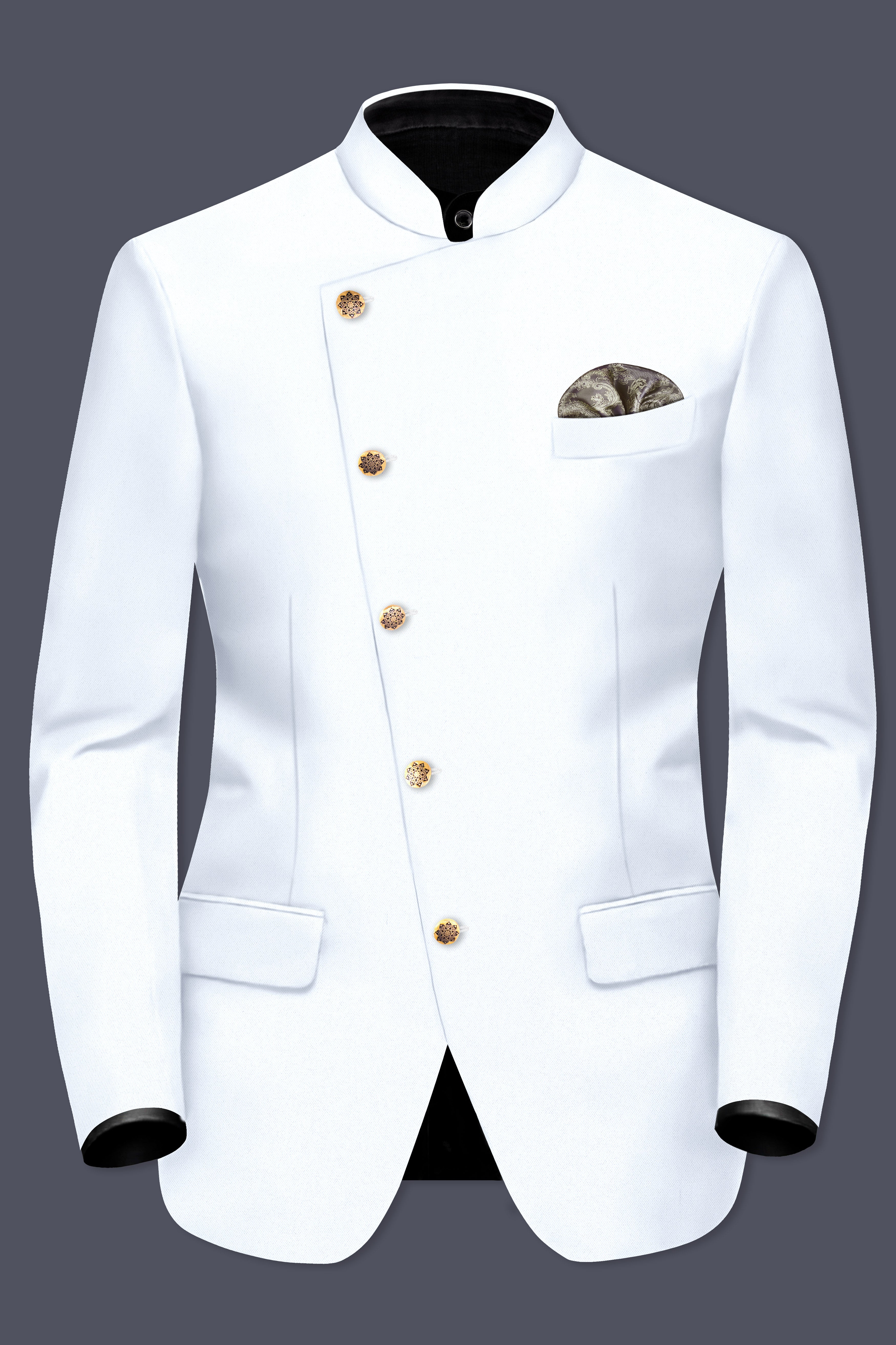 Bright White Stretchable Subtle Sheen Cross Placket Bandhgala/Mandarin Blazer