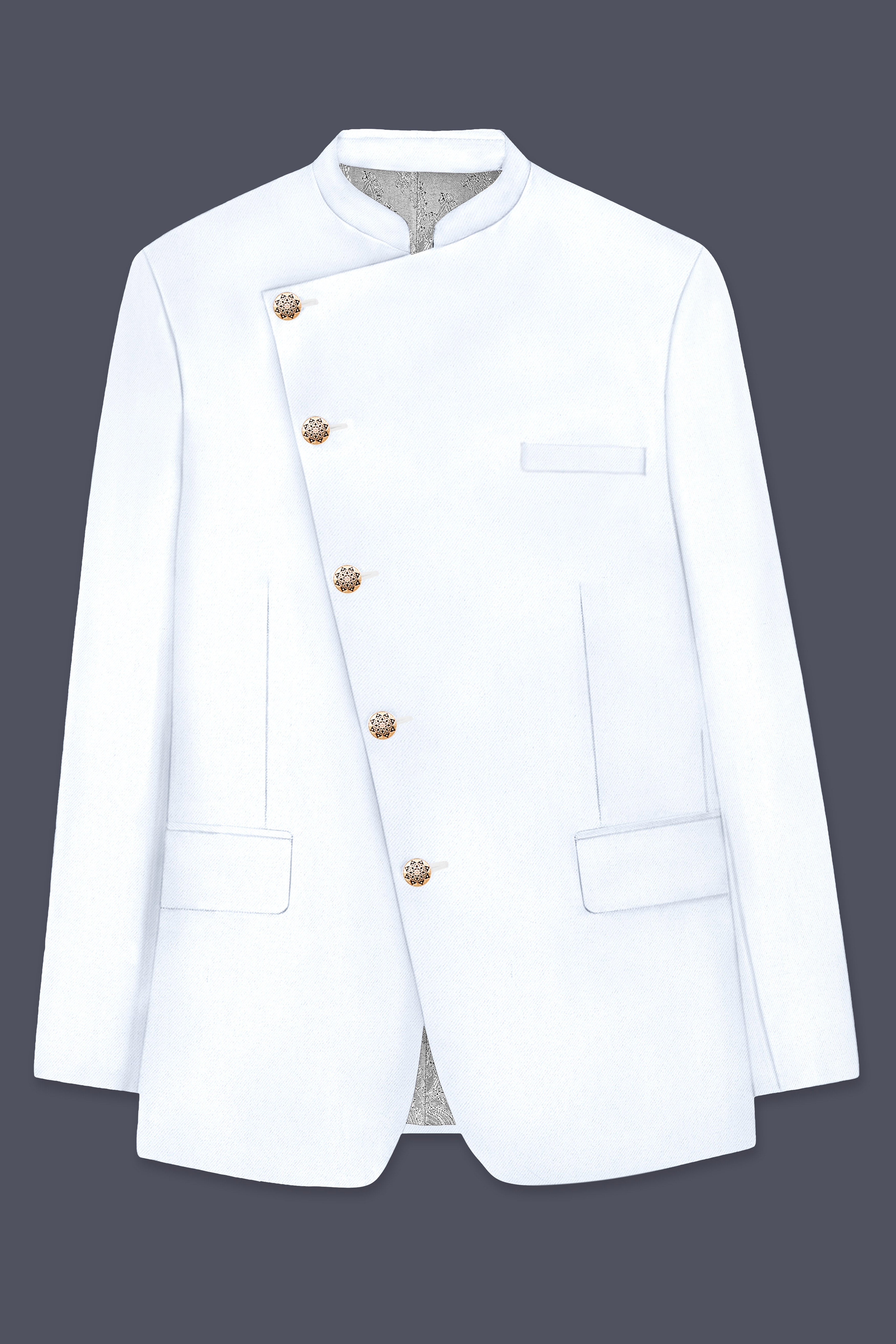 Bright White Stretchable Subtle Sheen Cross Placket Bandhgala/Mandarin Blazer