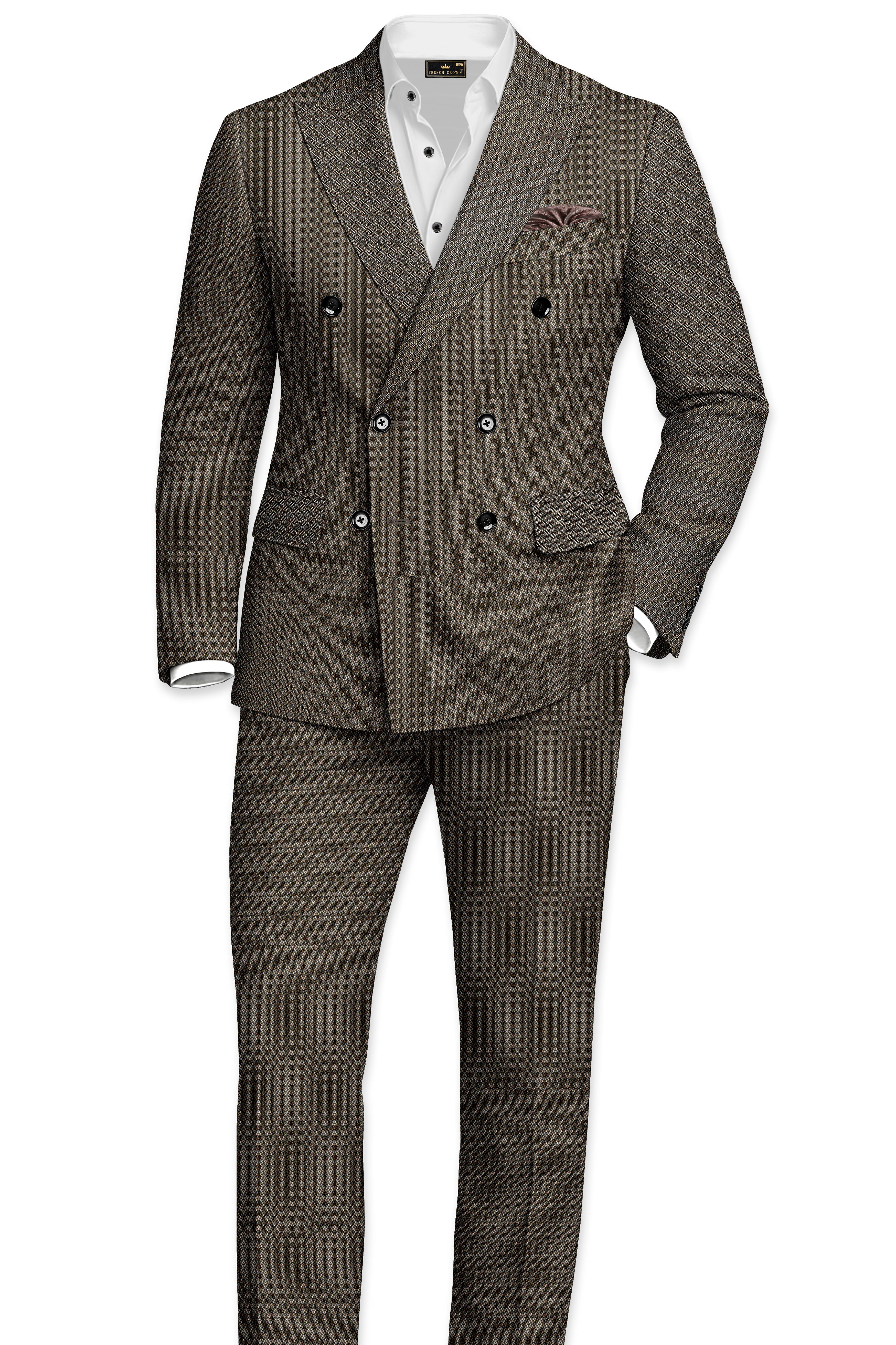 Wenge Brown Dobby Textured wool blend Double breasted Suit