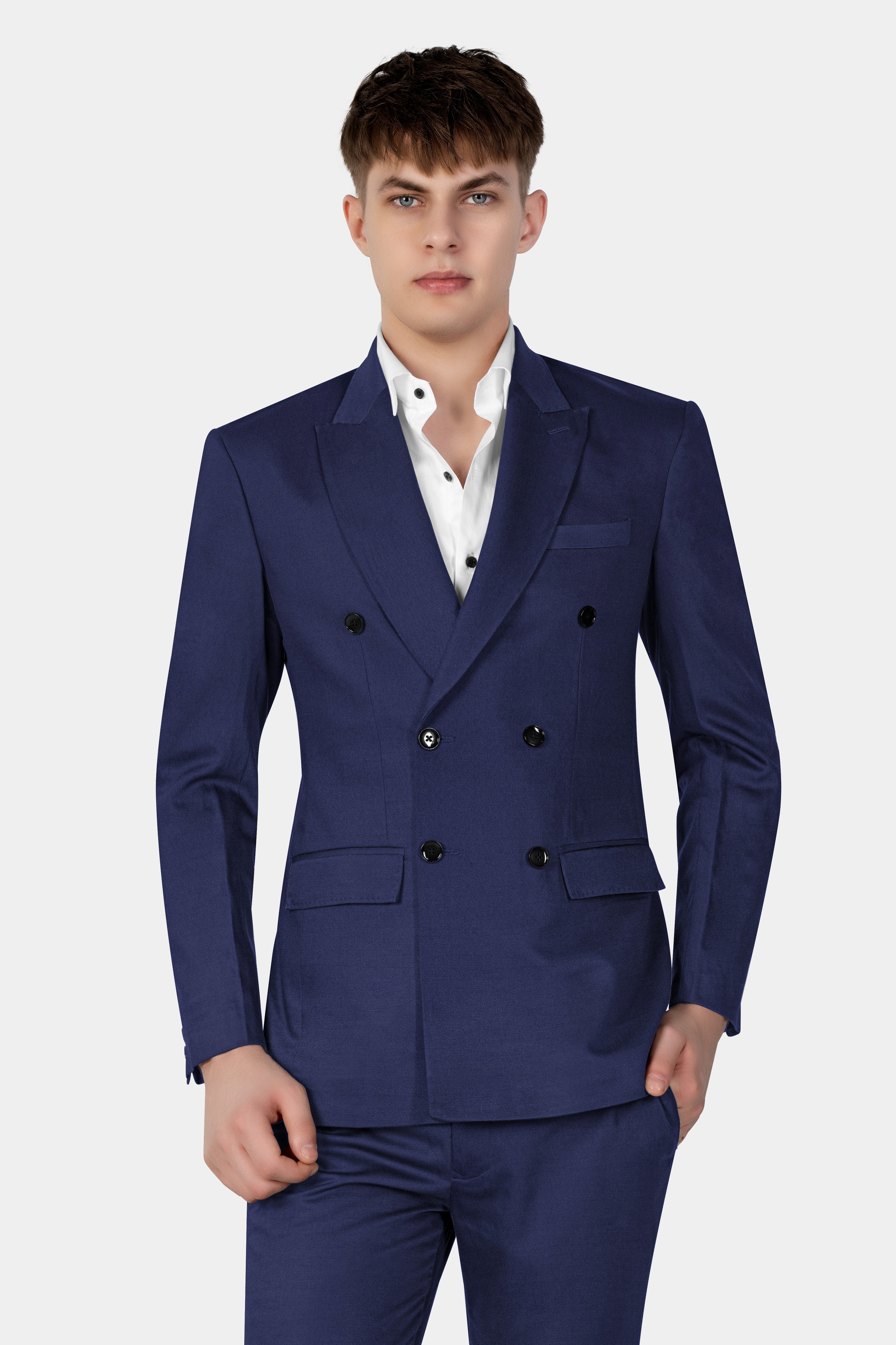Tealish Blue Plain Solid Wool Blend Double Breasted Blazer