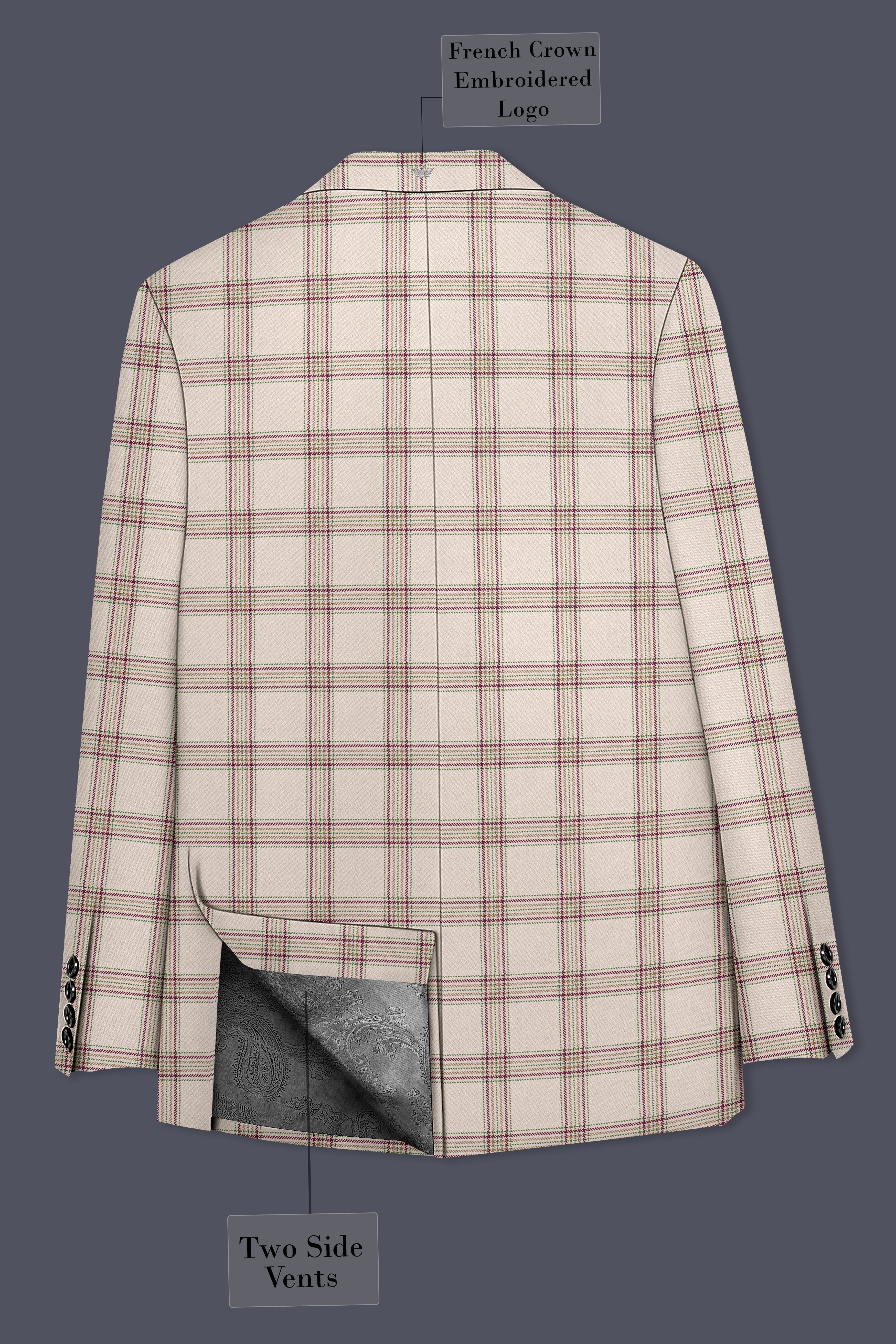 Swirl Cream with Maroon and Green windowpane Tweed Double Breasted Blazer