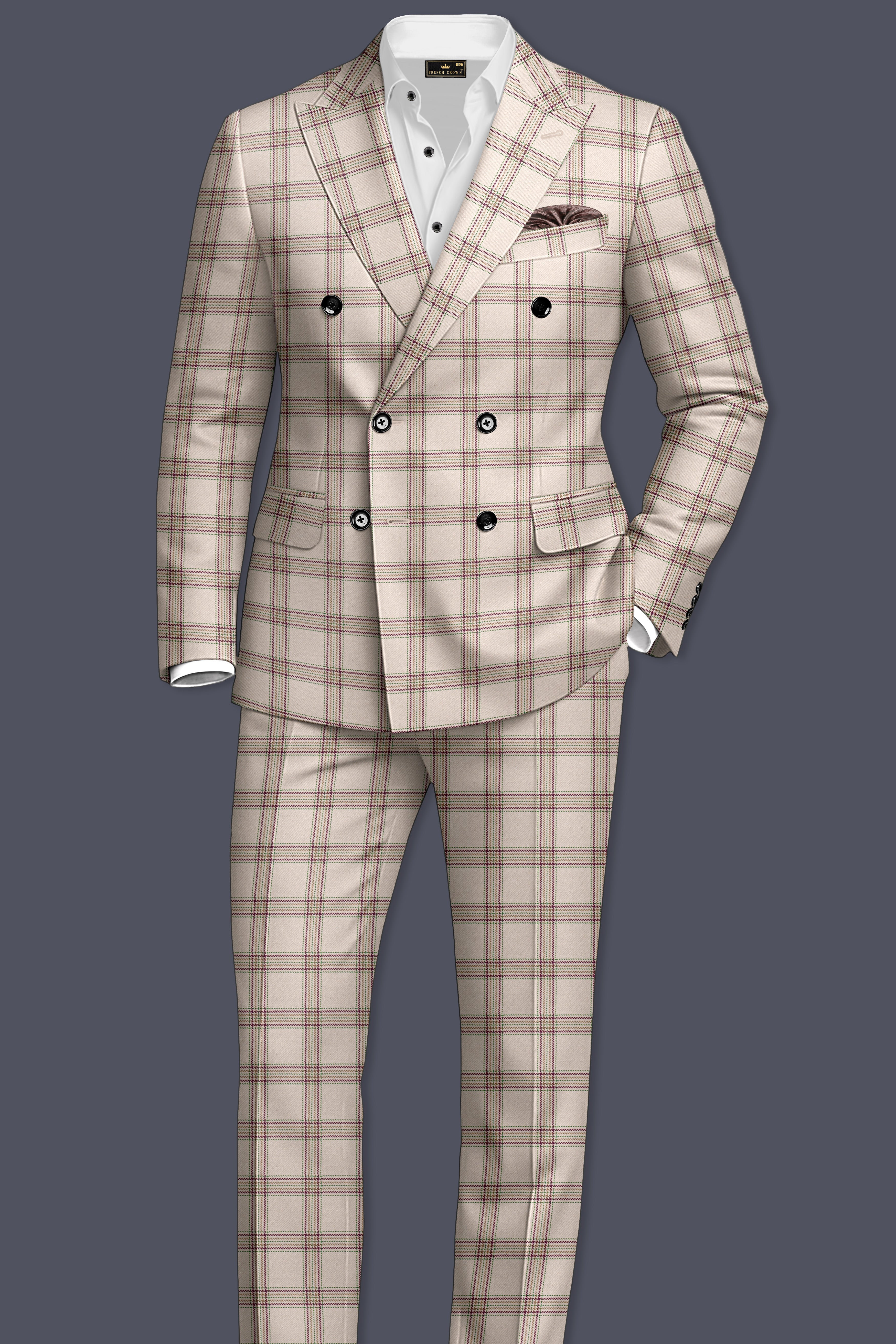 Swirl Cream with Maroon and Green windowpane Tweed Double Breasted Blazer