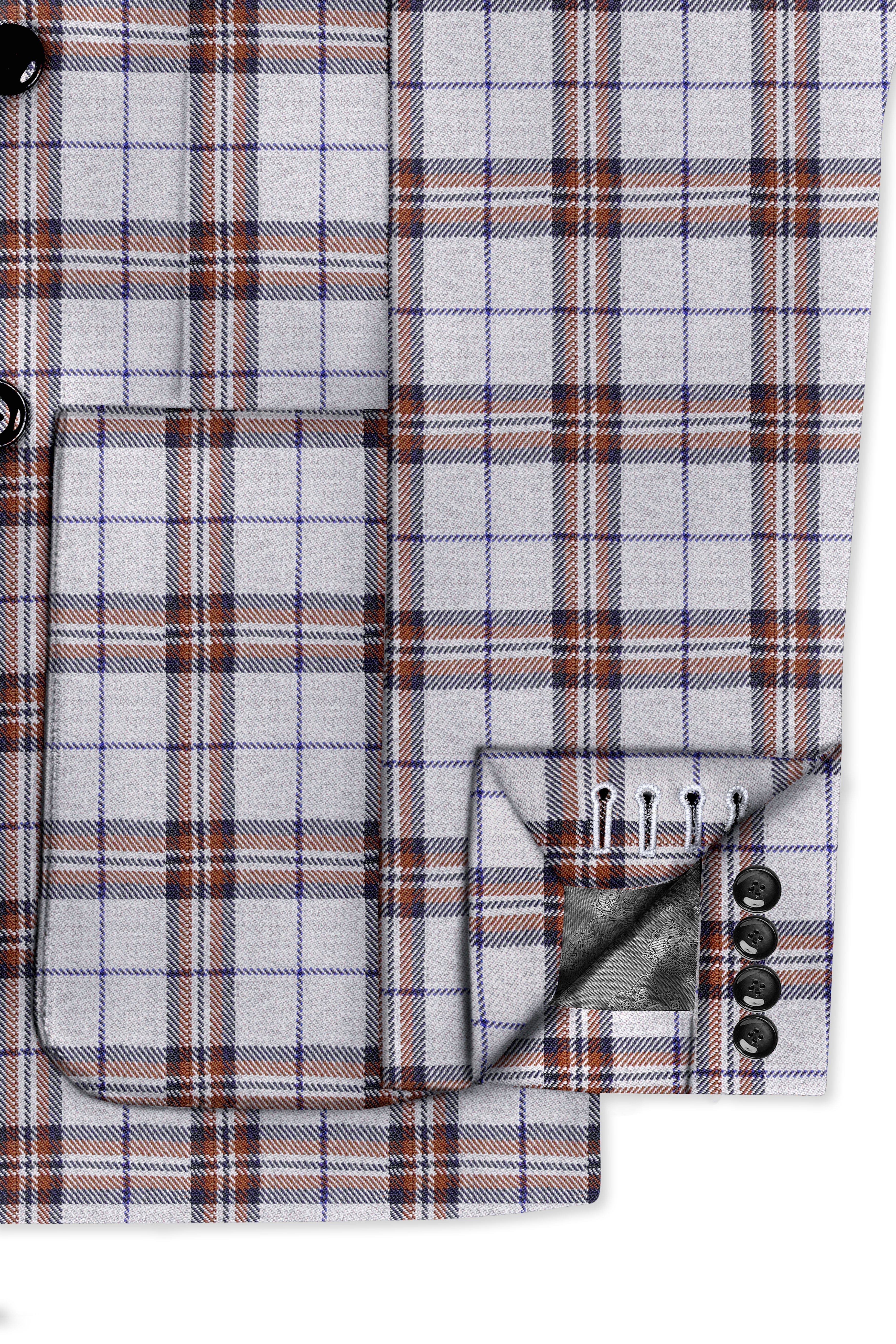 Cadet Grey with Maroon and Blue Plaid Double Breasted Tweed Blazer