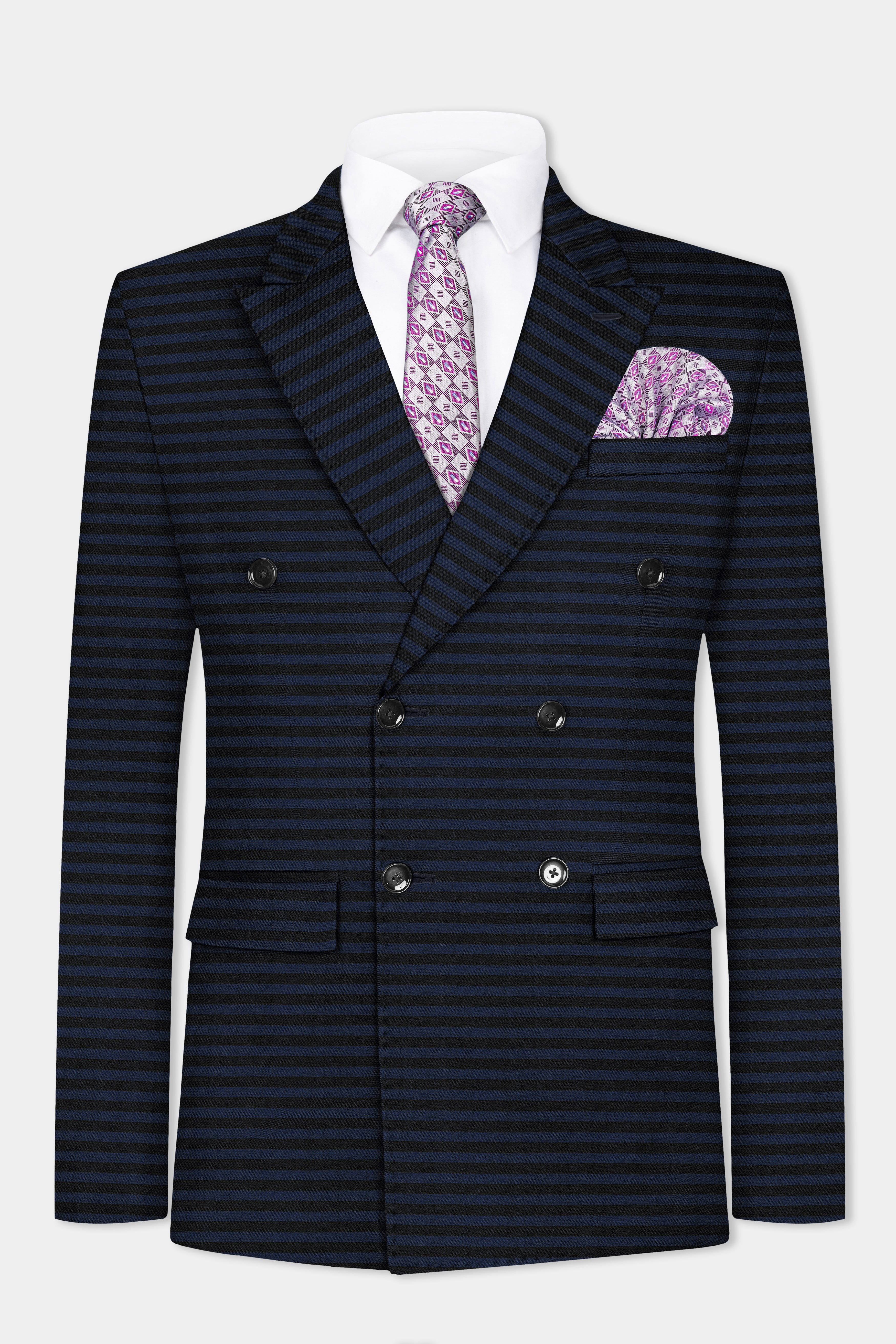 Mirage Blue and Black Horizontal Striped Wool Blend Blazer