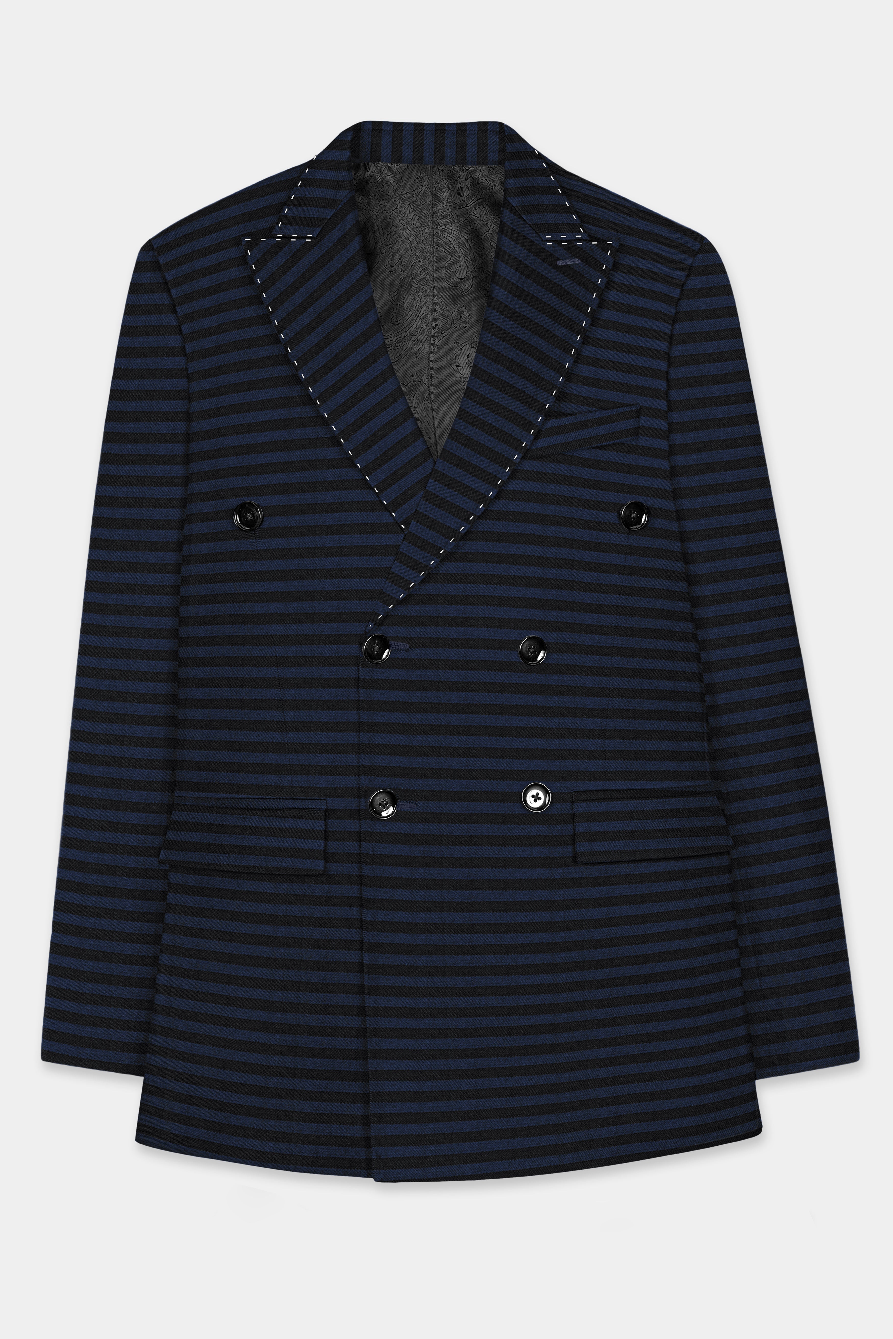 Mirage Blue and Black Horizontal Striped Wool Blend Blazer