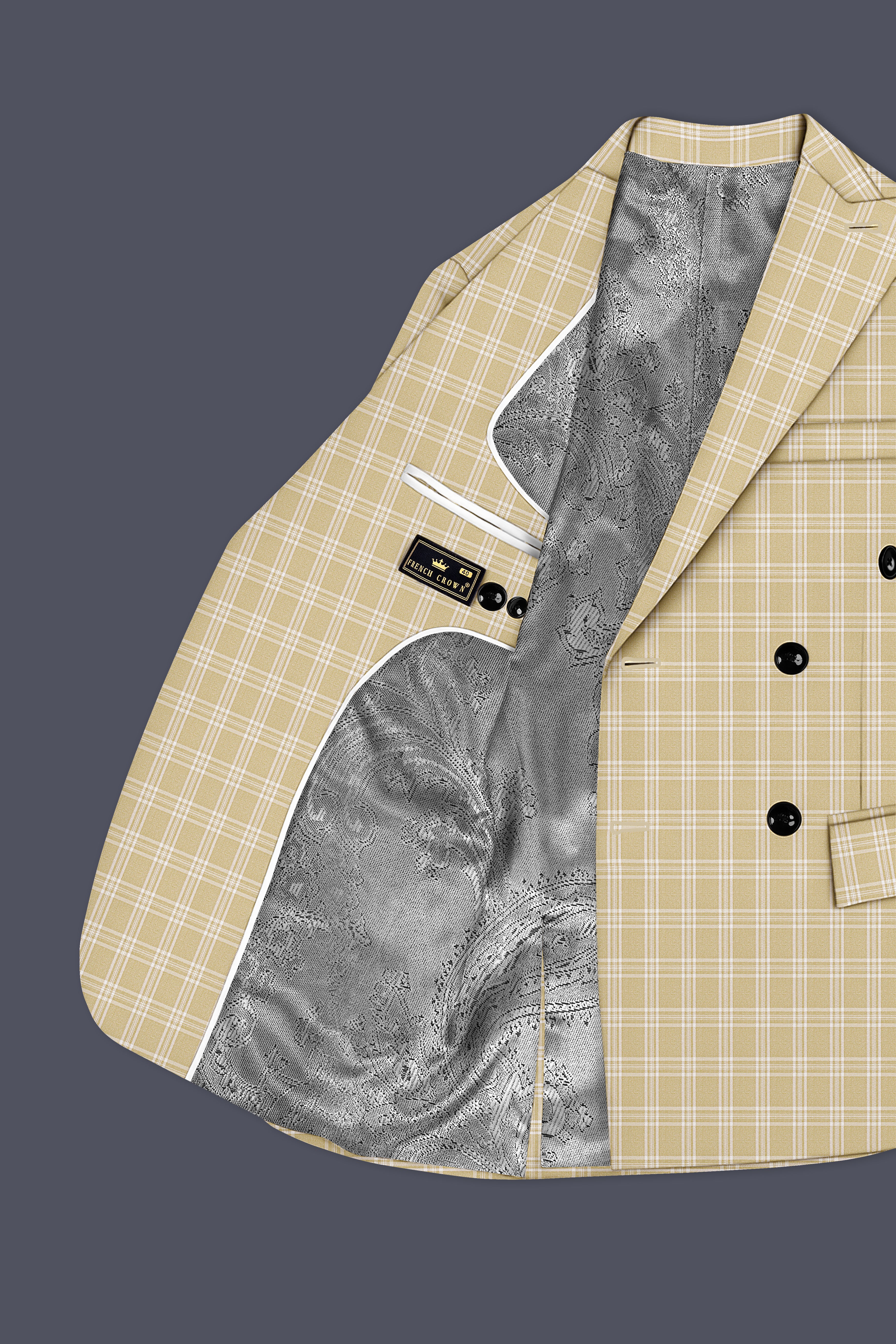 Desert Sand Cream Plaid Wool Blend Double Breasted Blazer