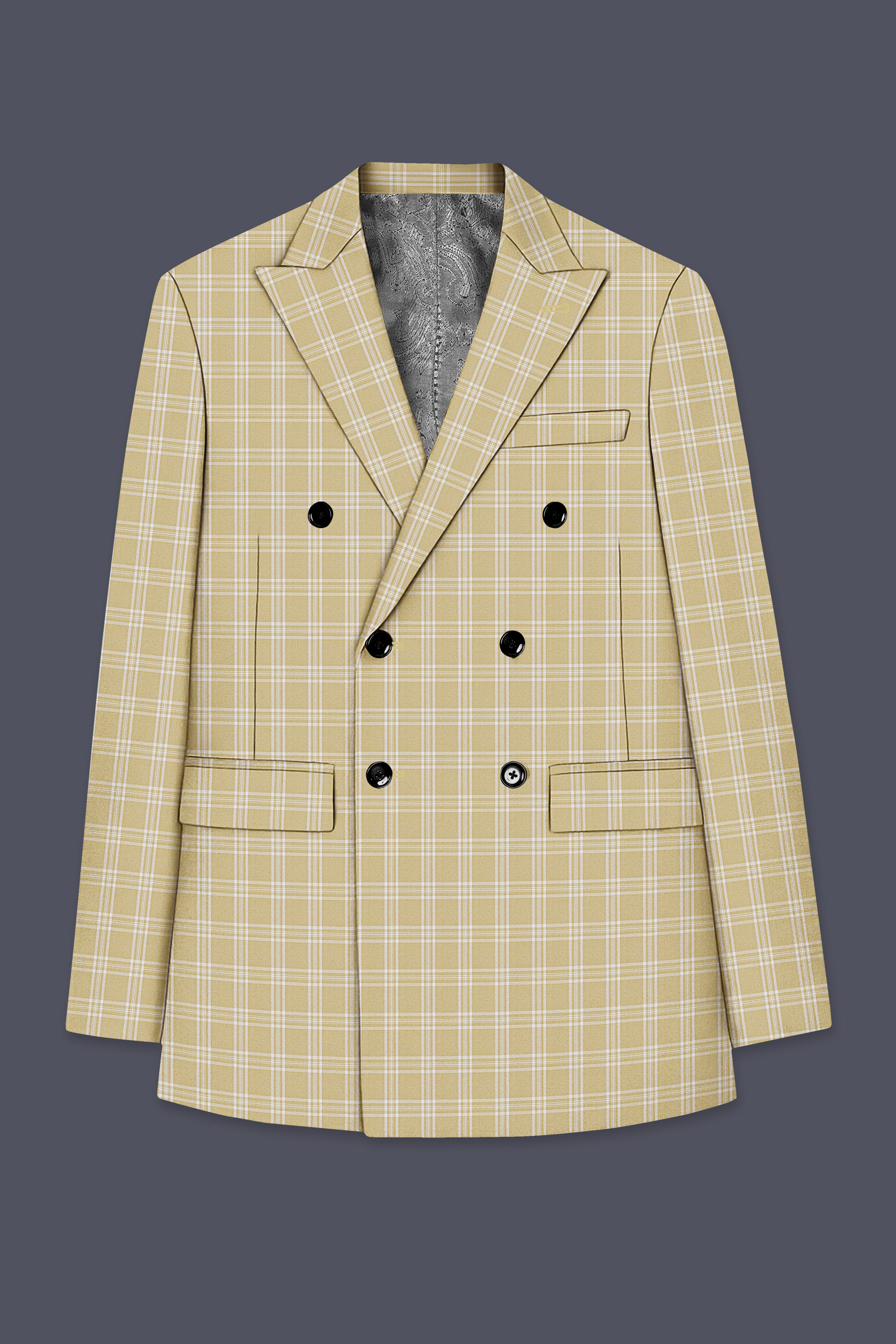 Desert Sand Cream Plaid Wool Blend Double Breasted Blazer