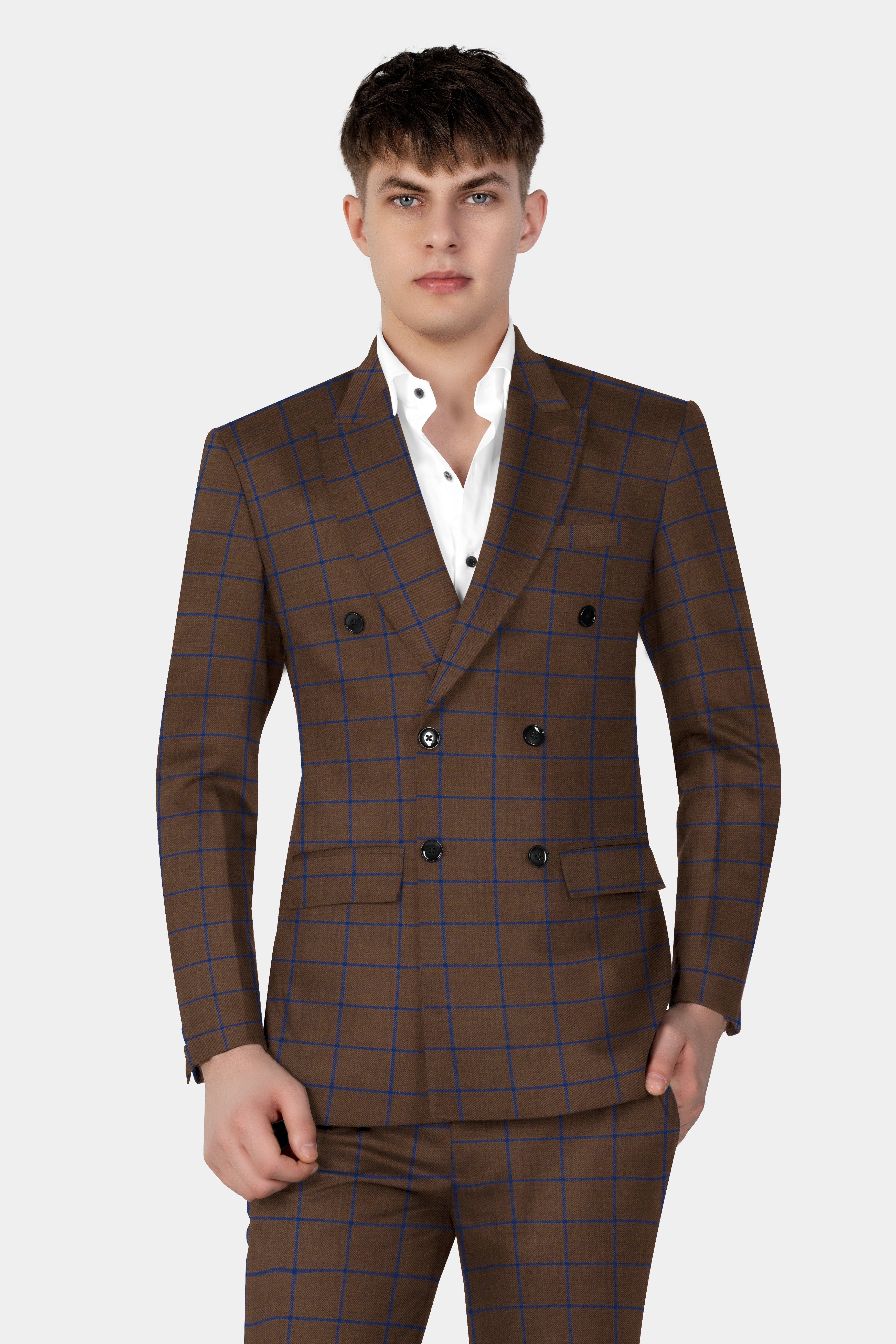 Bistre Brown with Catalina Blue Windowpane Double Breasted Tweed Blazer