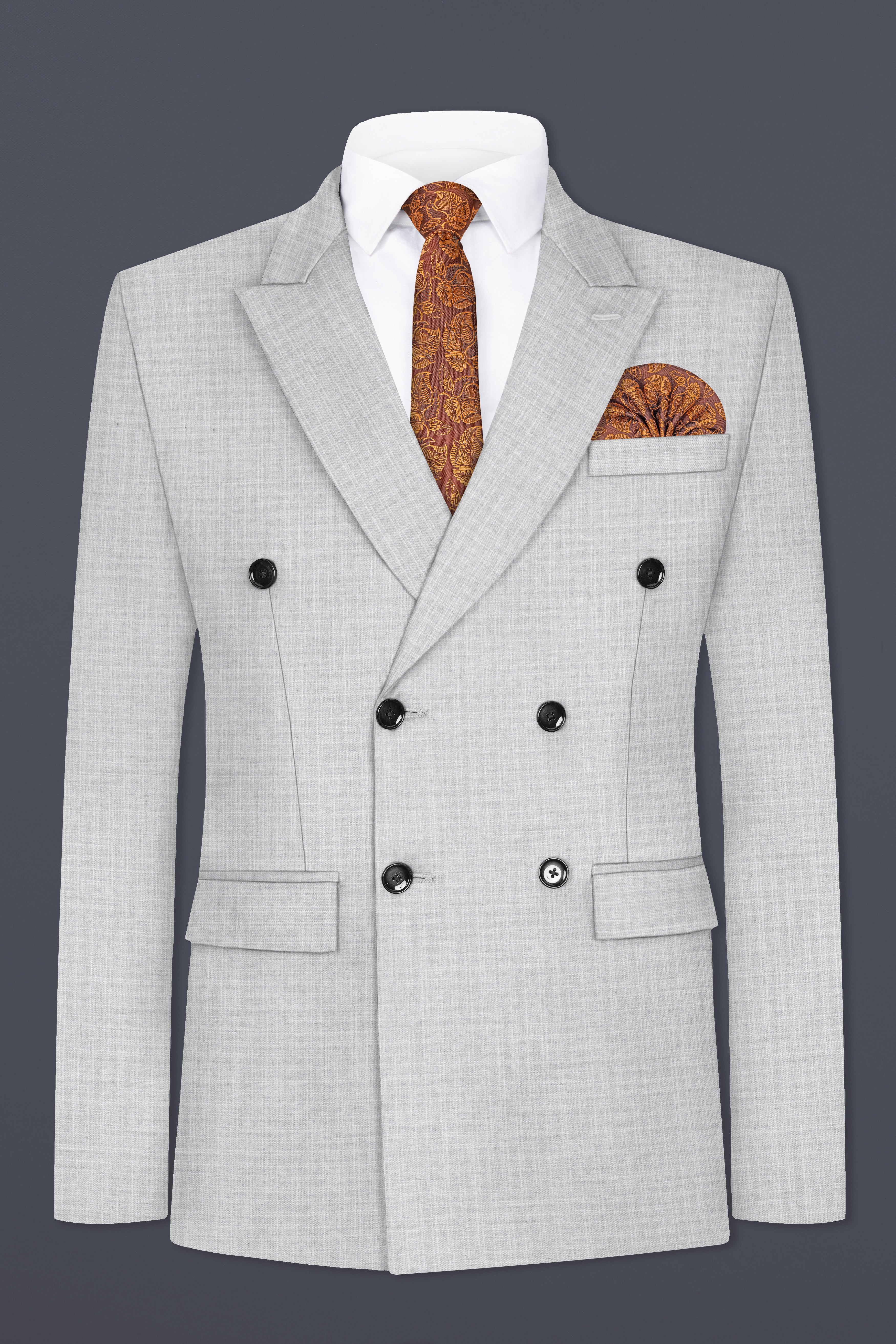 Pastel Gray Textured Wool Blend Double Breasted Blazer