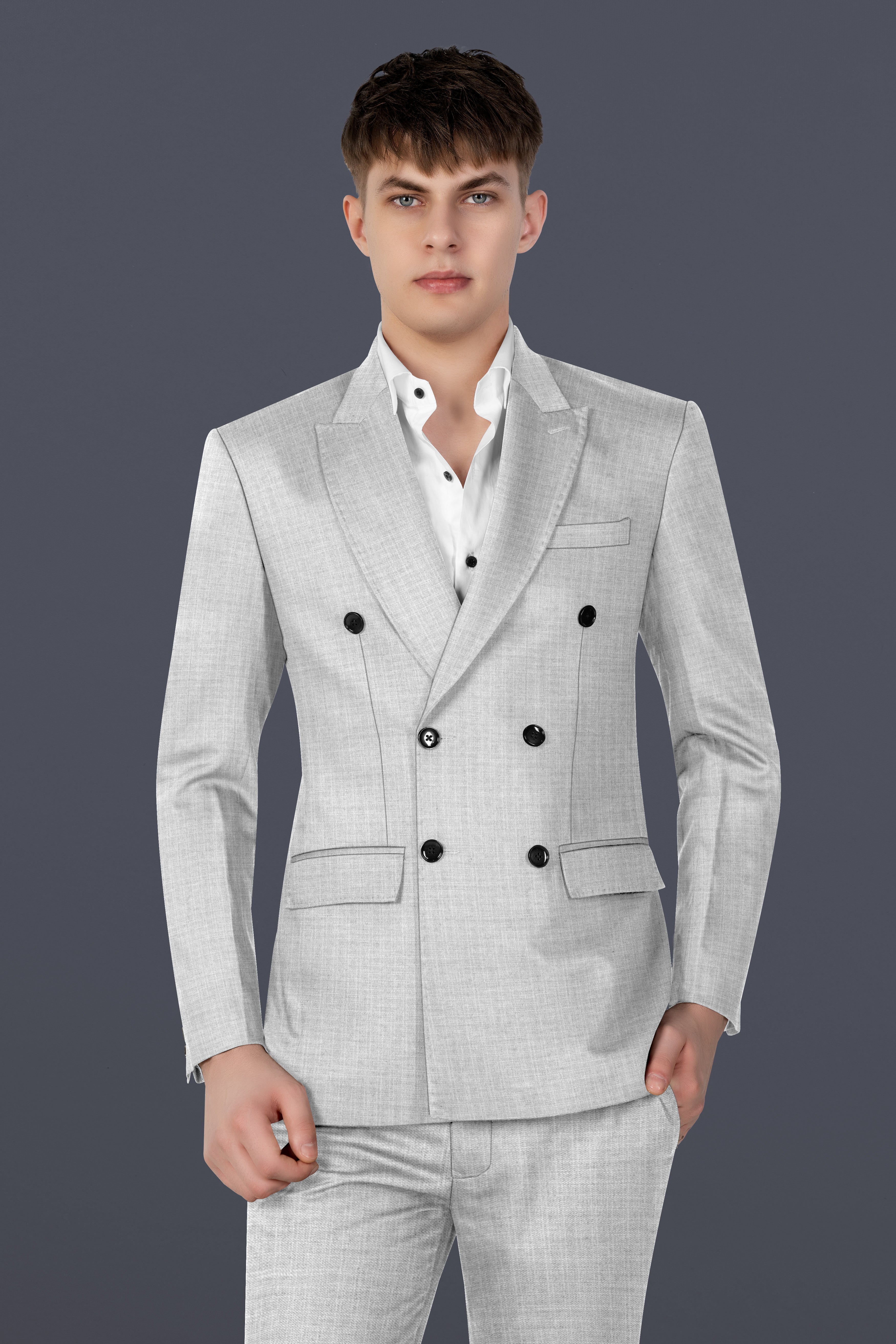 Pastel Gray Textured Wool Blend Double Breasted Blazer