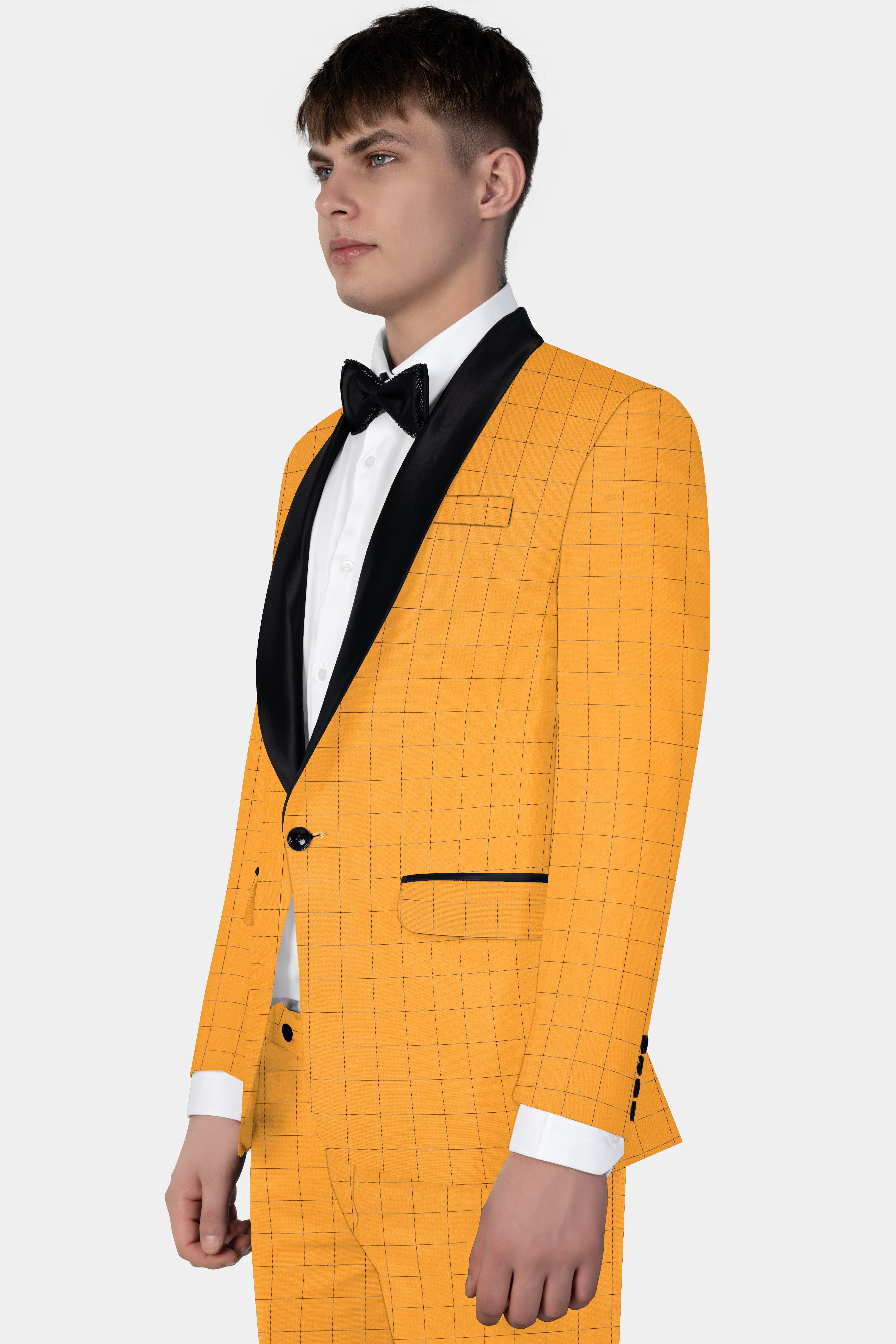 Cantaloupe Yellow herringbone Windowpane Tuxedo Blazer