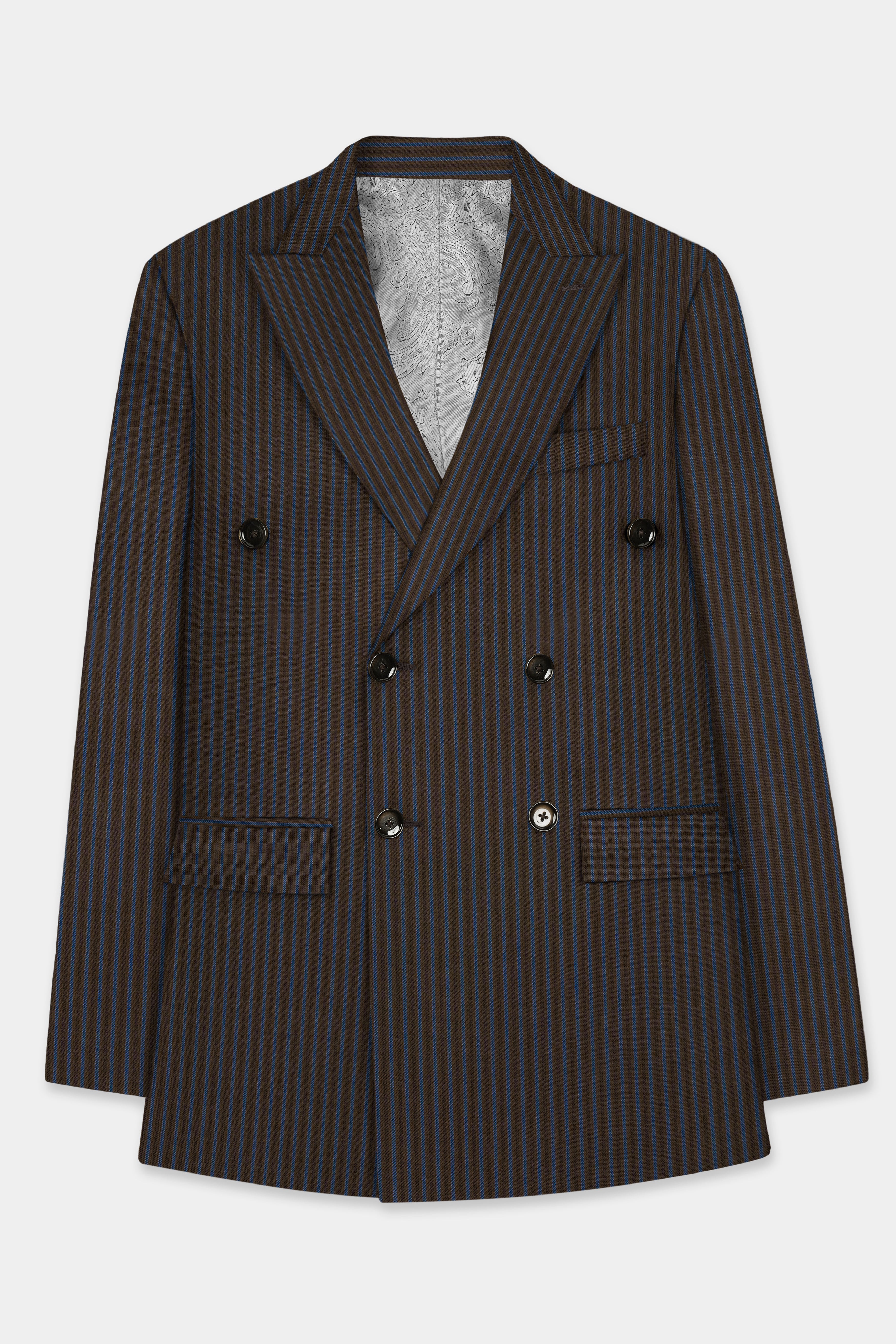 Eclipse Brown with Kashmir Blue Striped Wool Blend Double Breasted Blazer