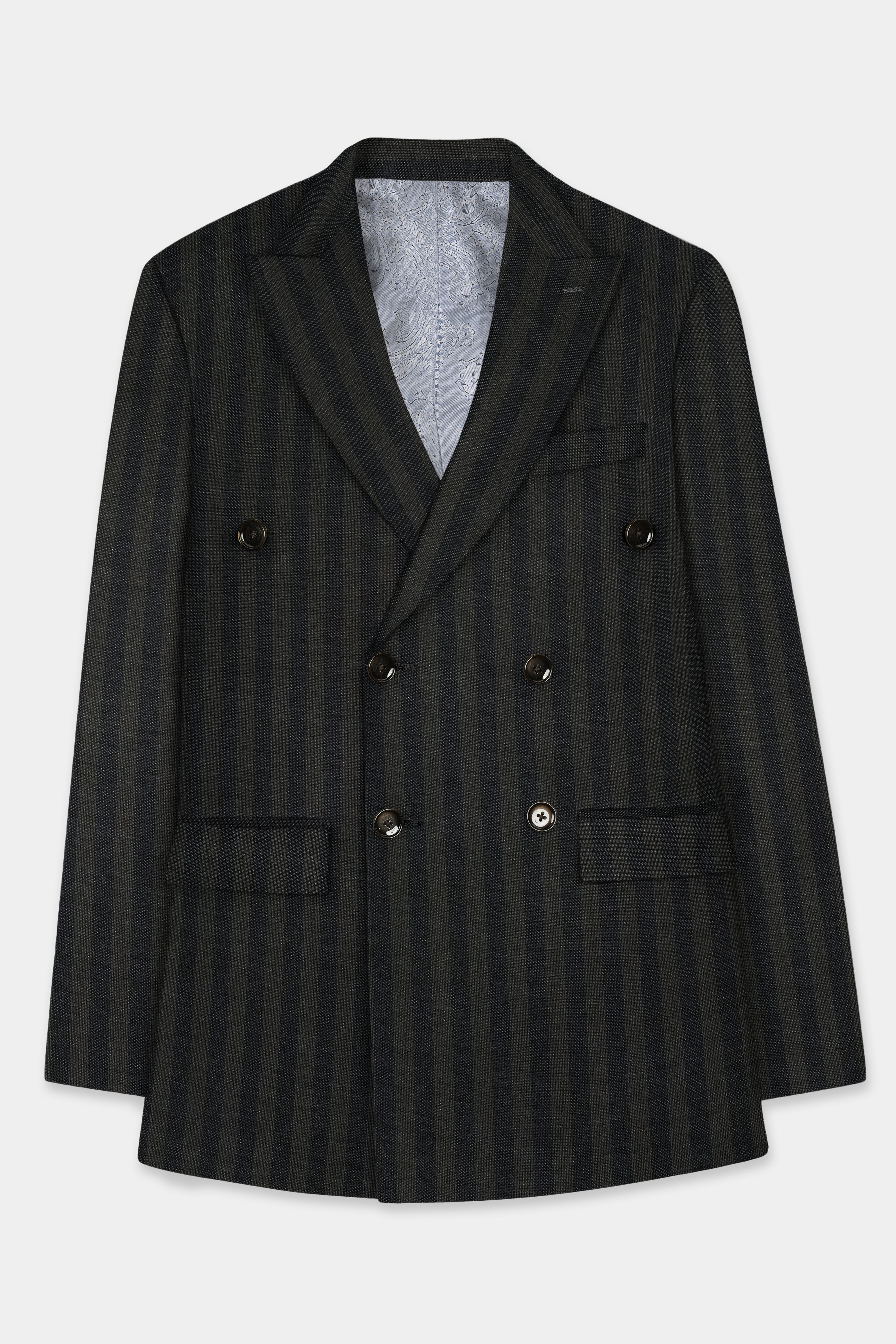 Heavy Green with Black Striped Wool Blend Double Breasted Blazer