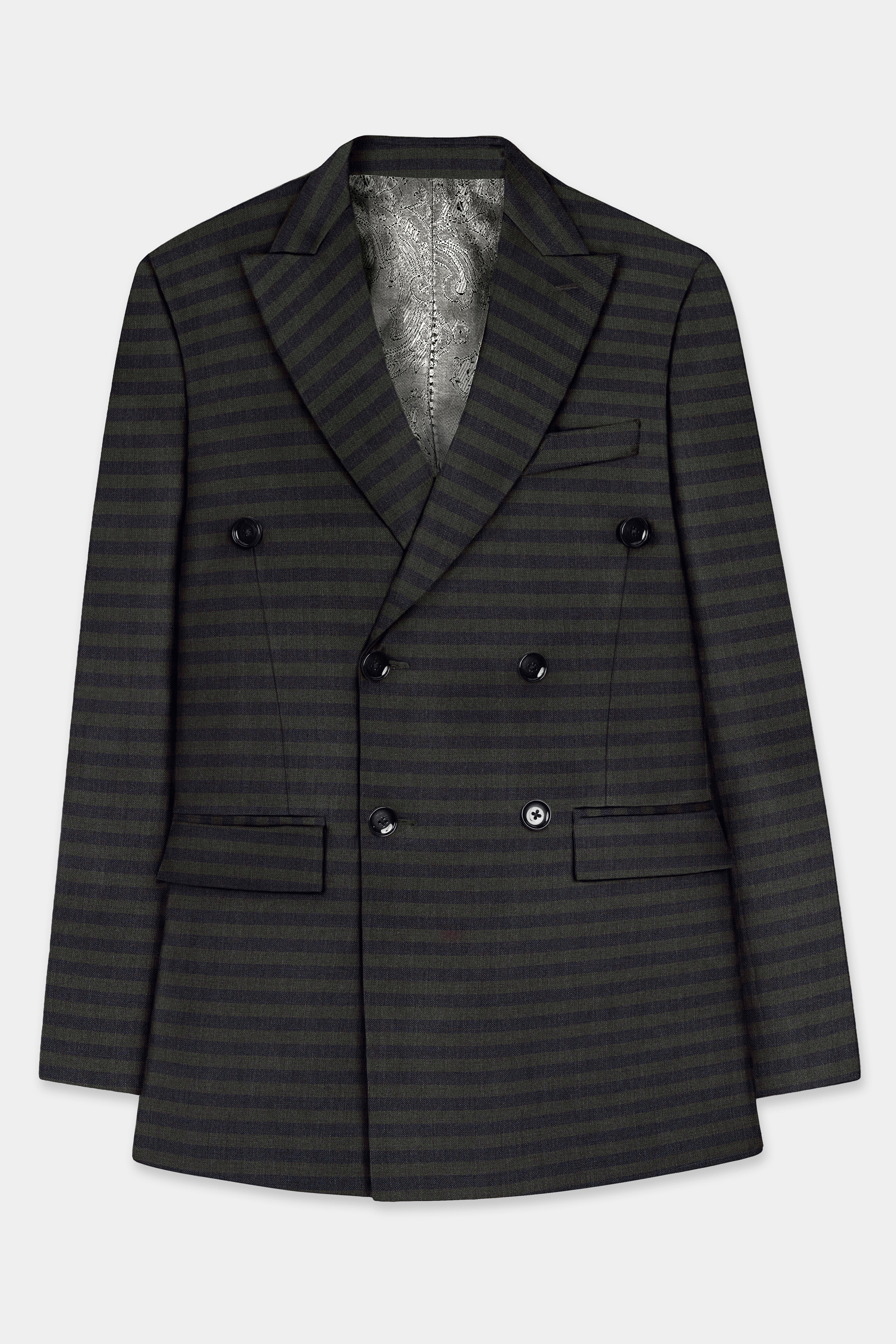 Heavy Green with Black Striped Wool Blend Double Breasted Blazer