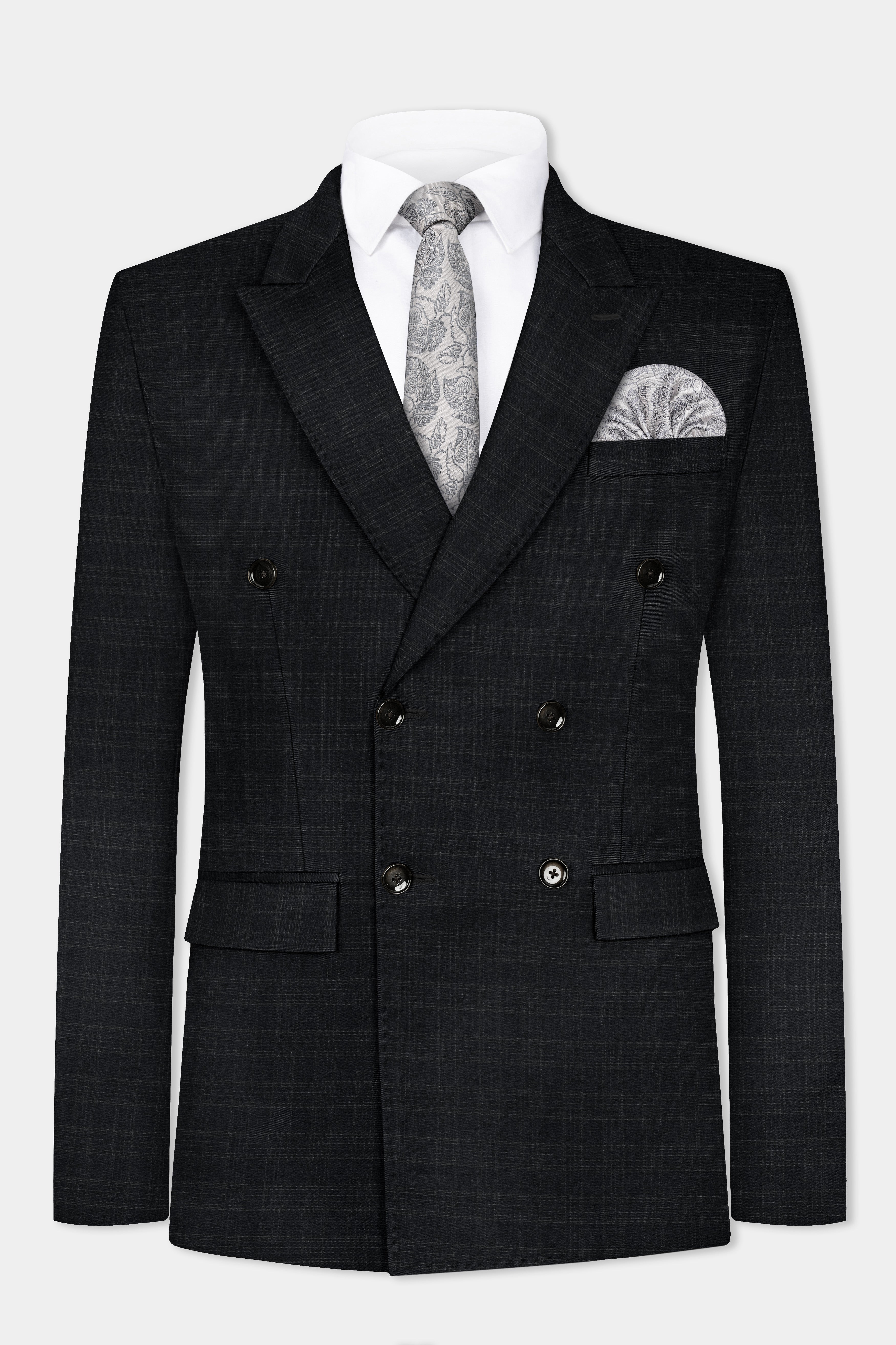 Zeus Grey Plaid Wool Blend Double Breasted Blazer