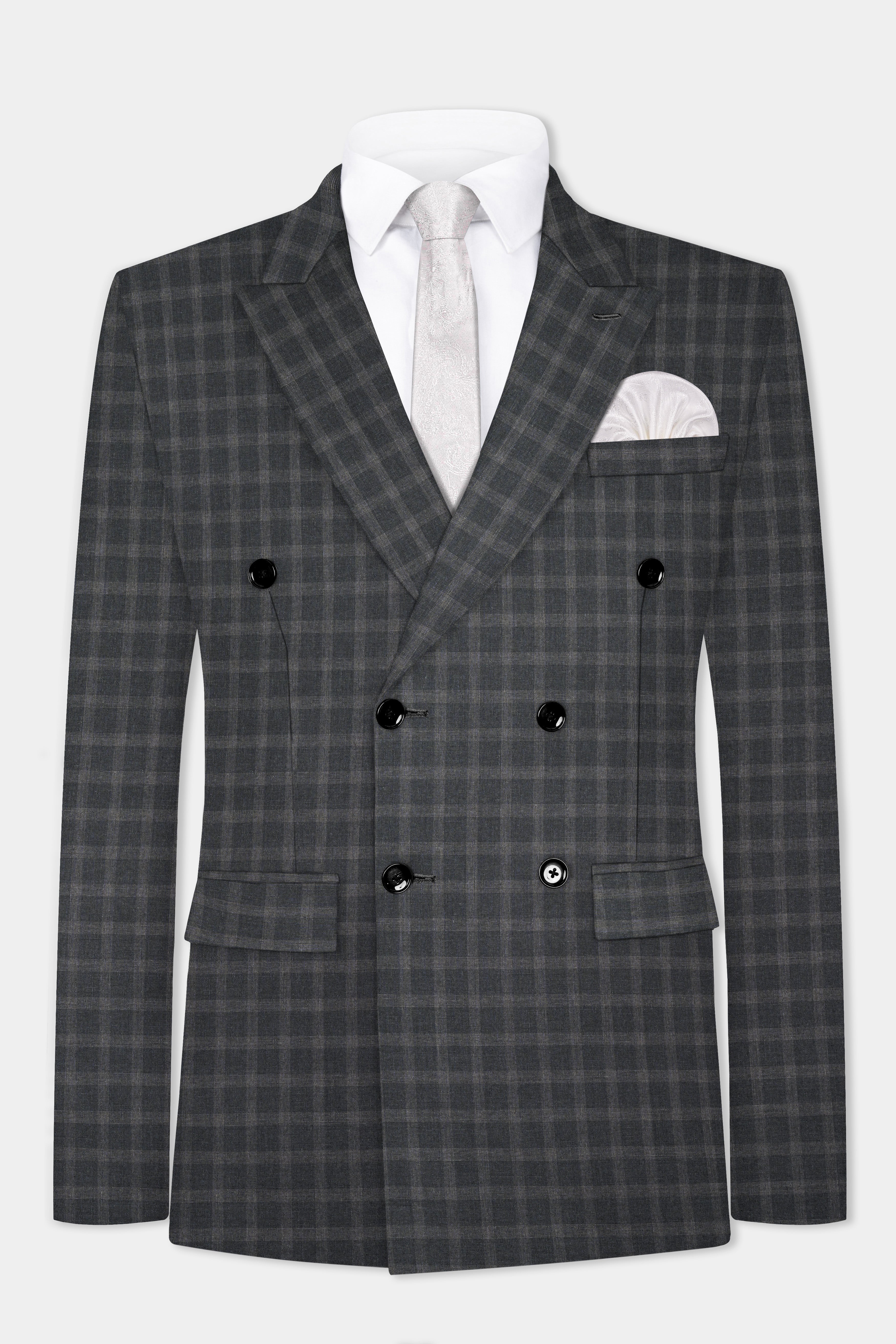 Gravel Gray Checks Plaid Premium Wool Blend Double Breasted Suit