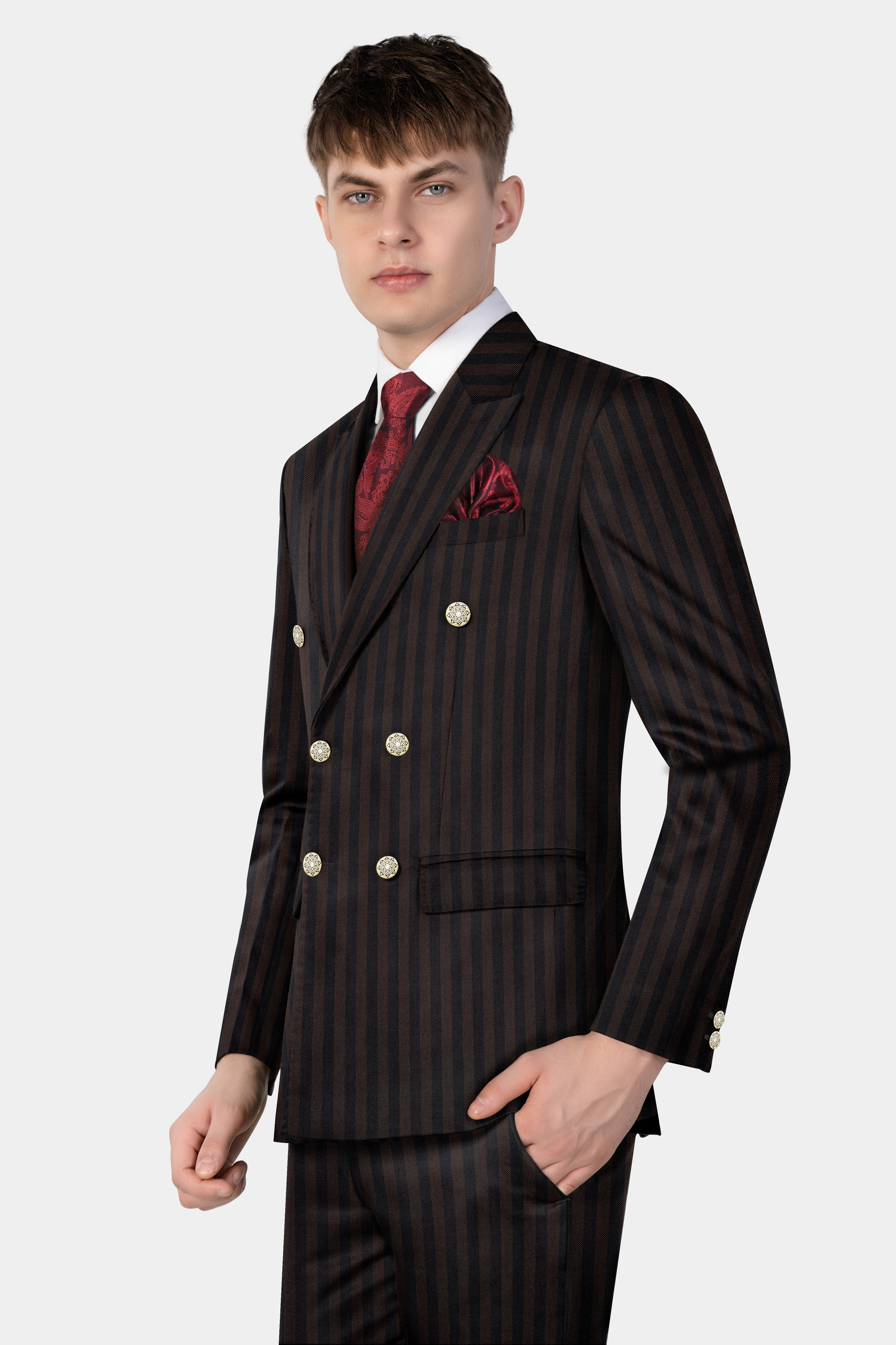 Eternity Brown With Vulcan Black Striped Wool Blend Double Breasted Blazer
