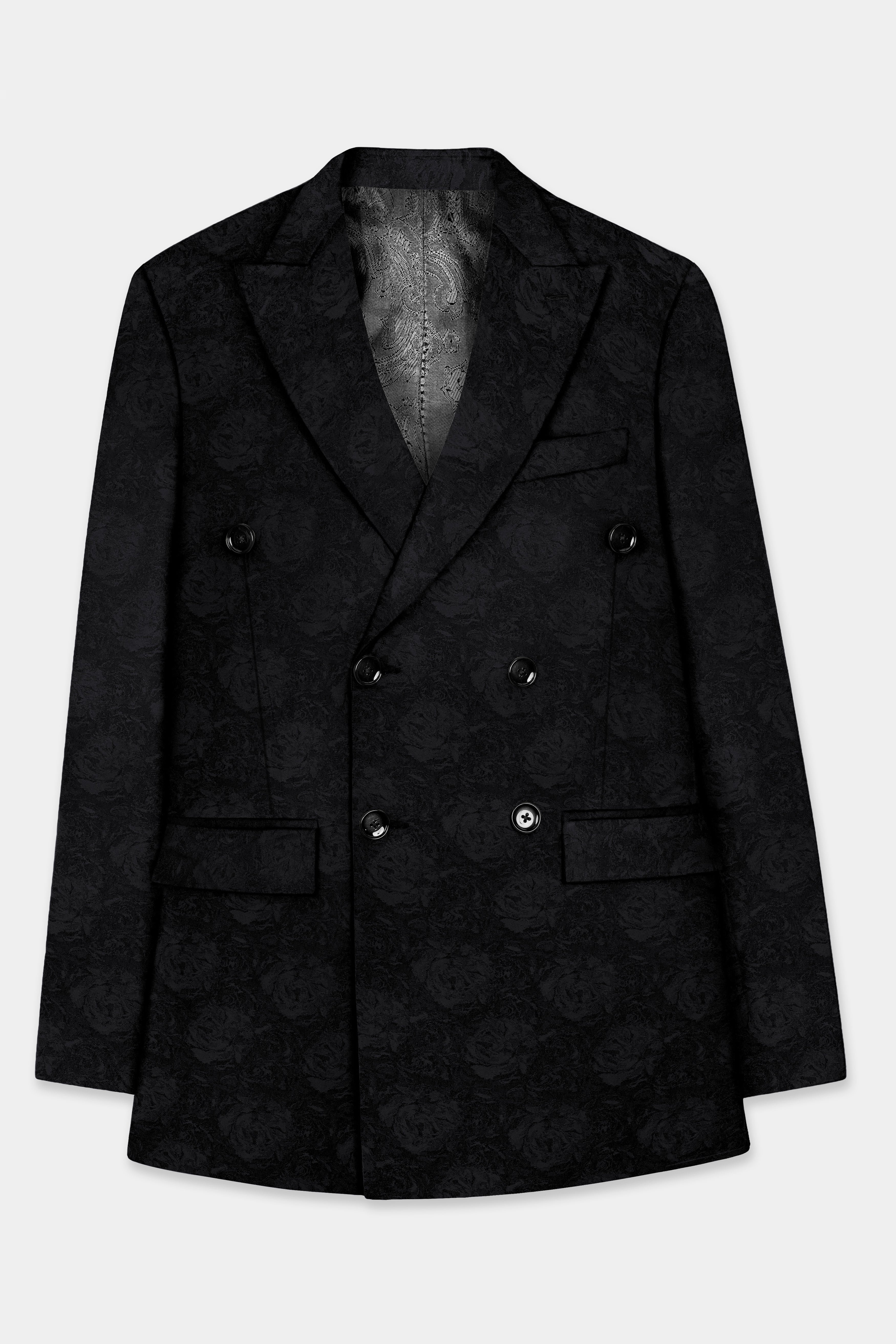 Jade Black Jacquard Textured Double Breasted Blazer