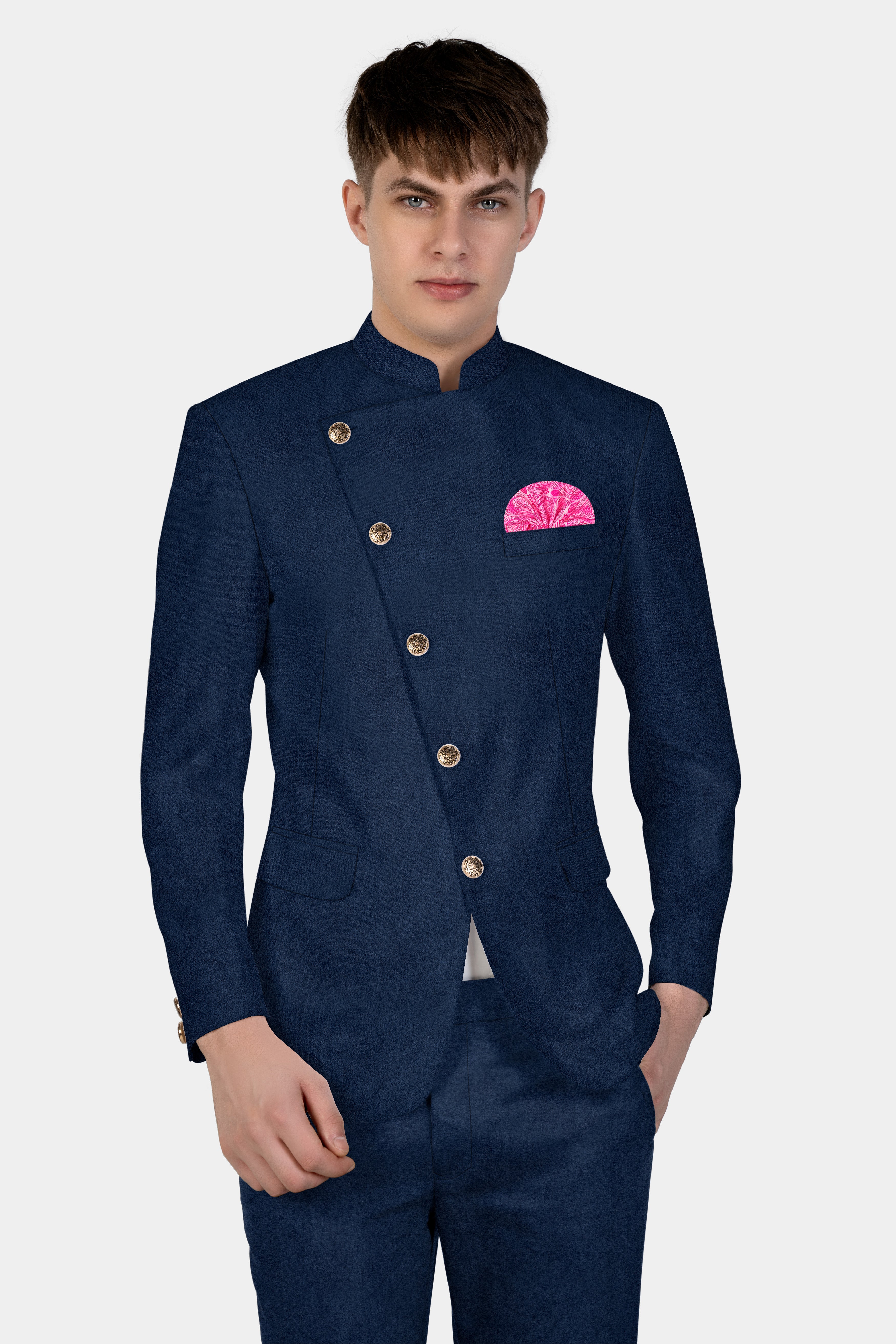 Downriver Blue Velvet Cross Placket Bandhgala Blazer