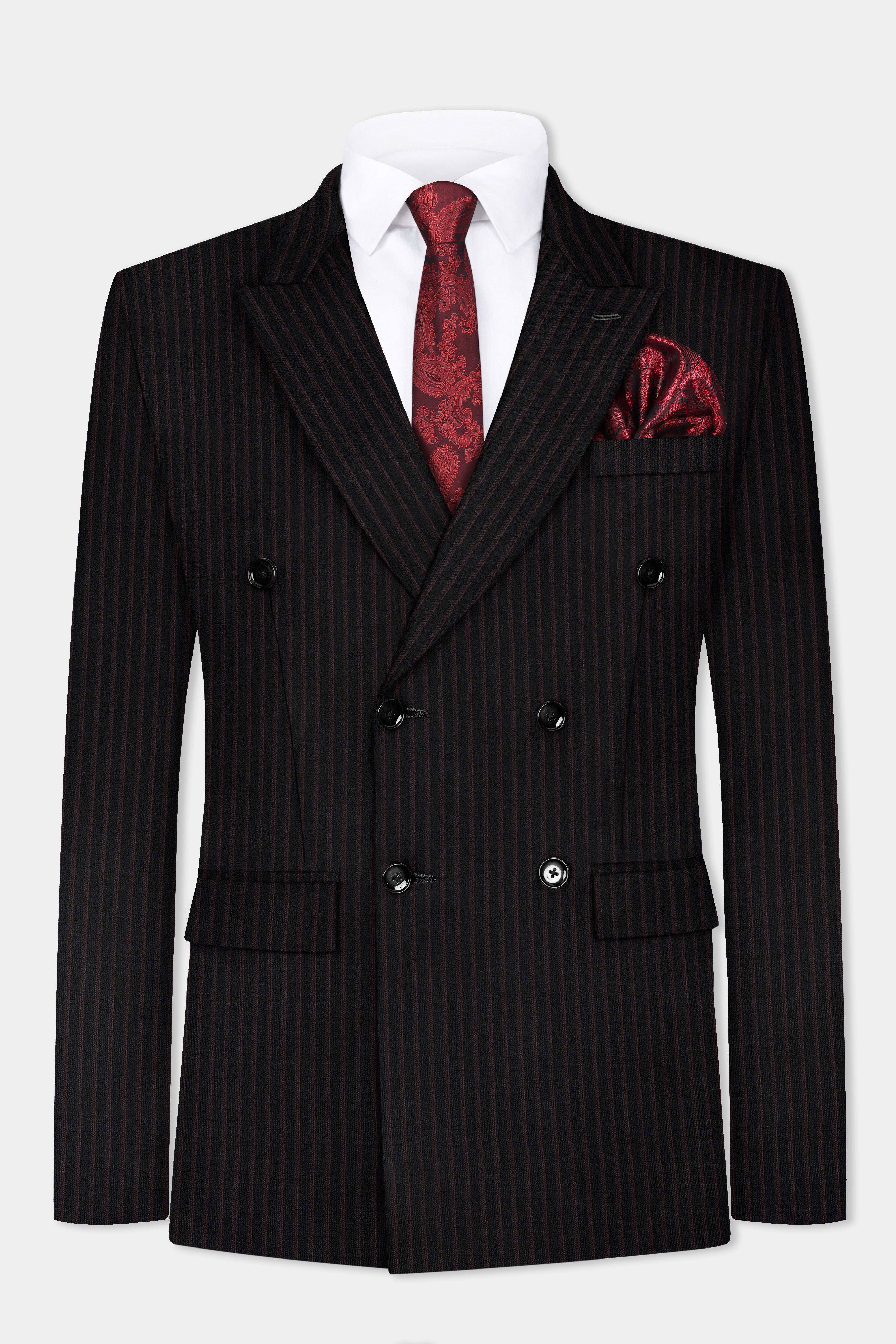 Jade Black With Iridium maroon Striped Wool Blend Double Breasted Blazer