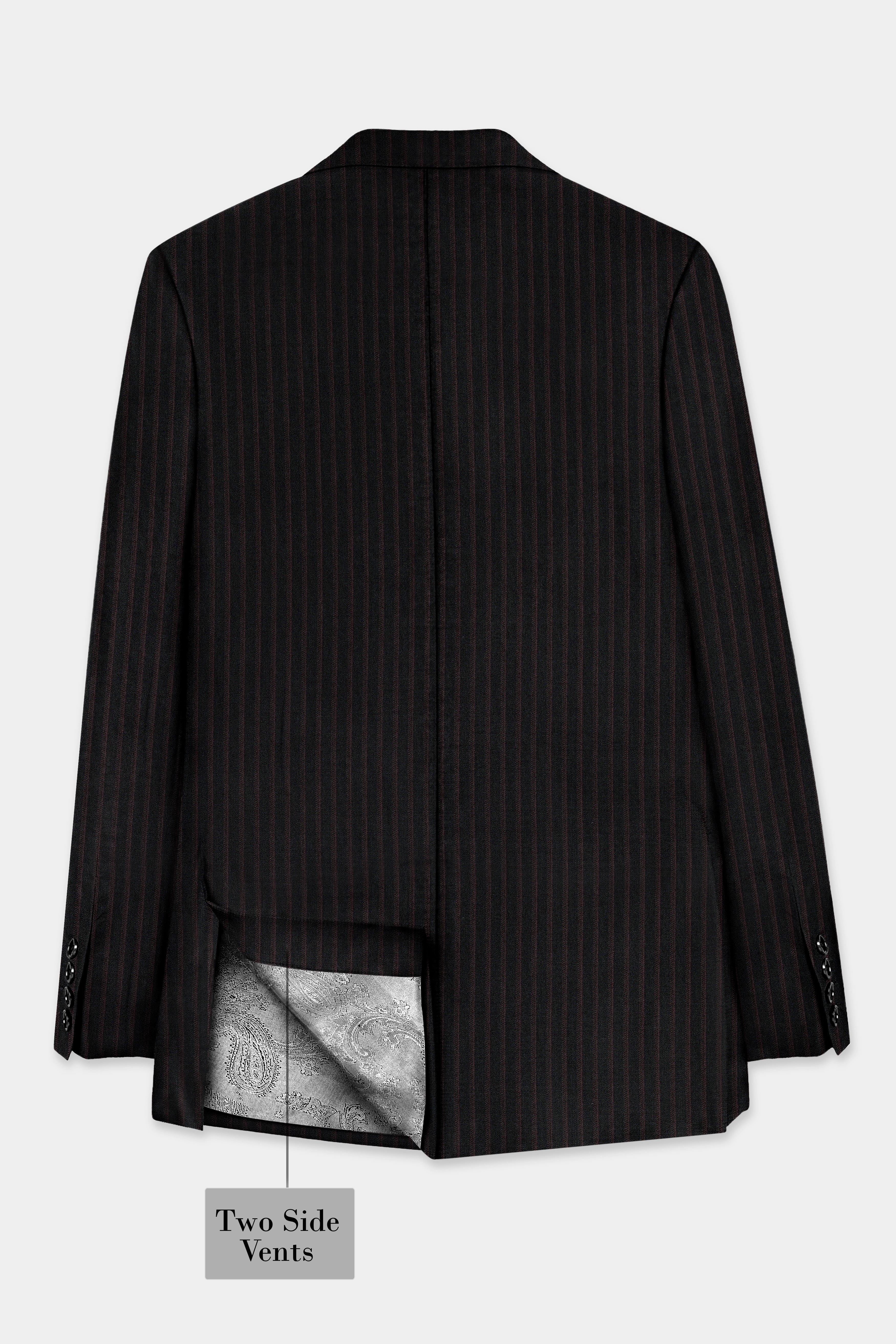 Jade Black With Iridium maroon Striped Wool Blend Double Breasted Blazer