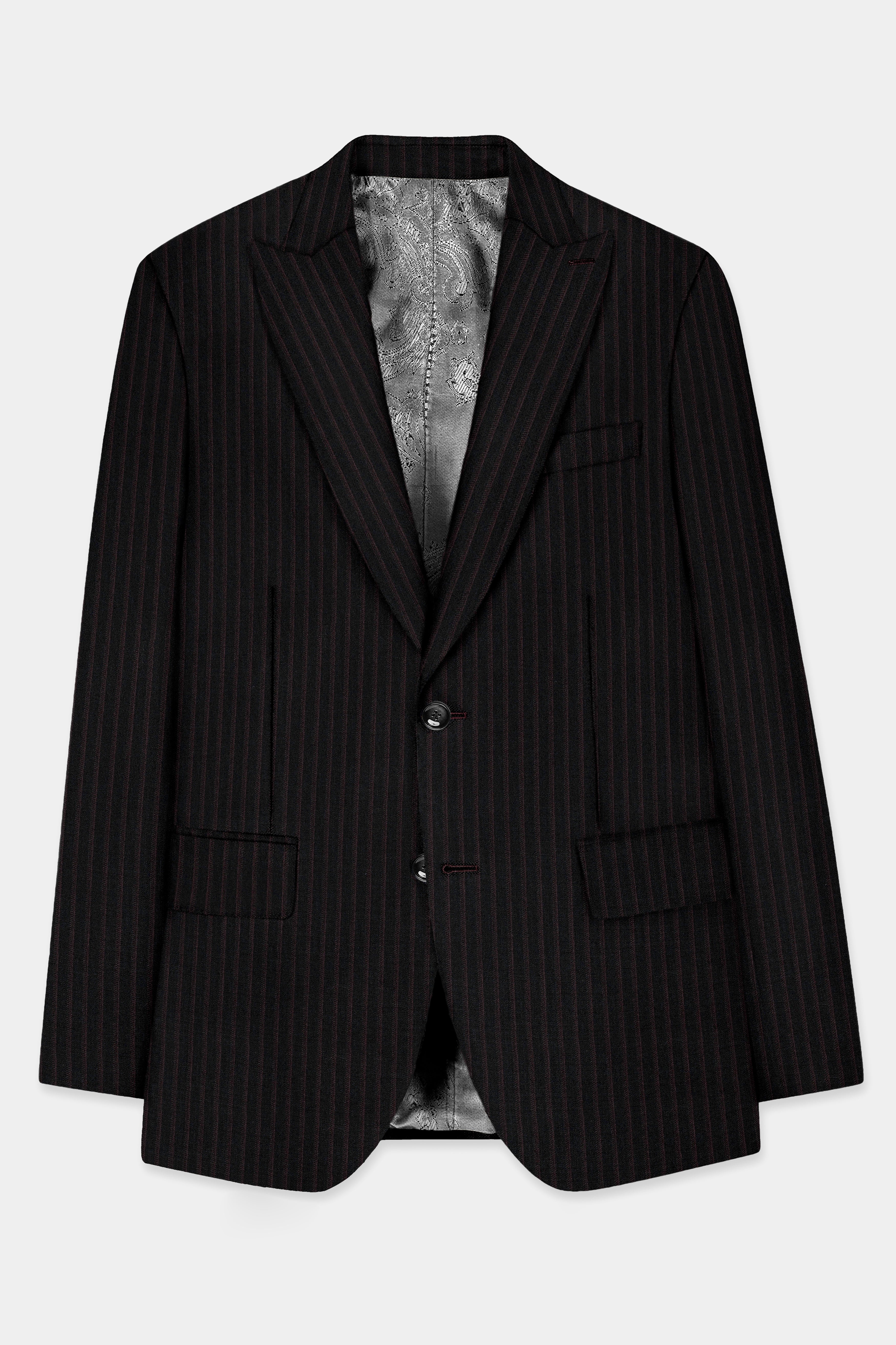 Jade Black With Iridium Maroon Striped Wool Blend Blazer