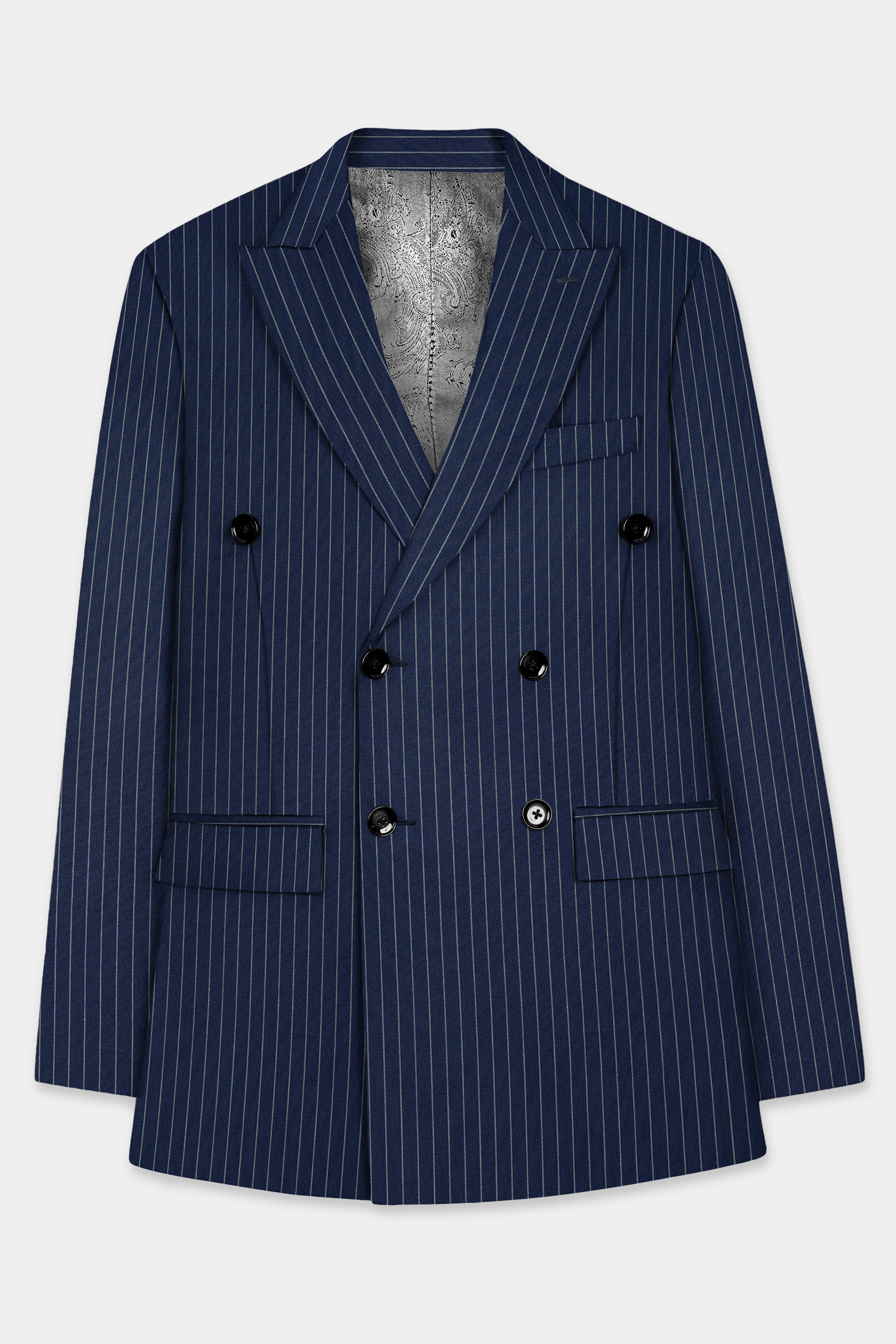 Vulcan Blue Striped Wool Blend Double Breasted Blazer