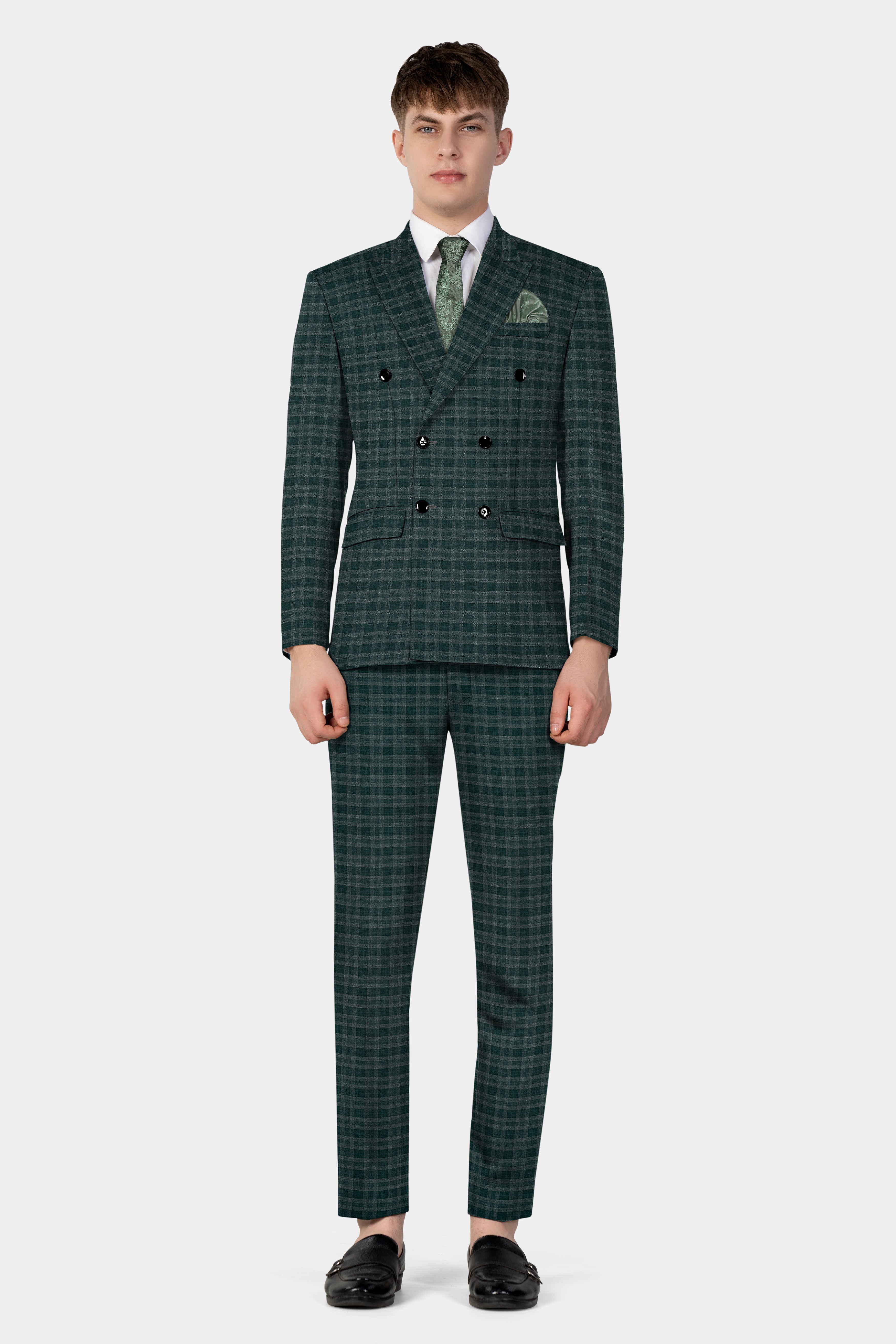 Firefly Green Plaid Wool Blend Double Breasted Blazer