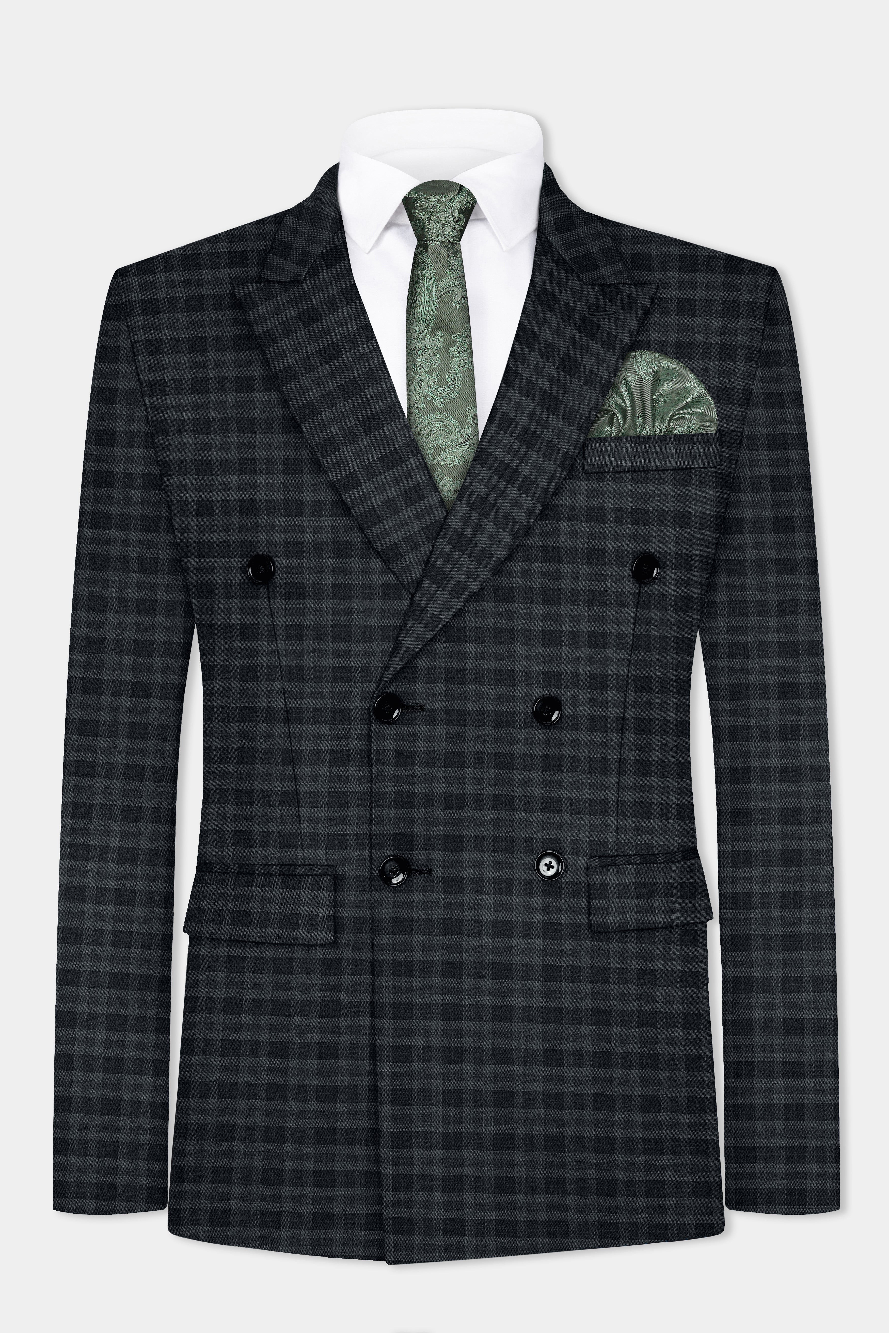 Bunker Gray With Vampire Plaid Wool Blend Double Breasted Blazer