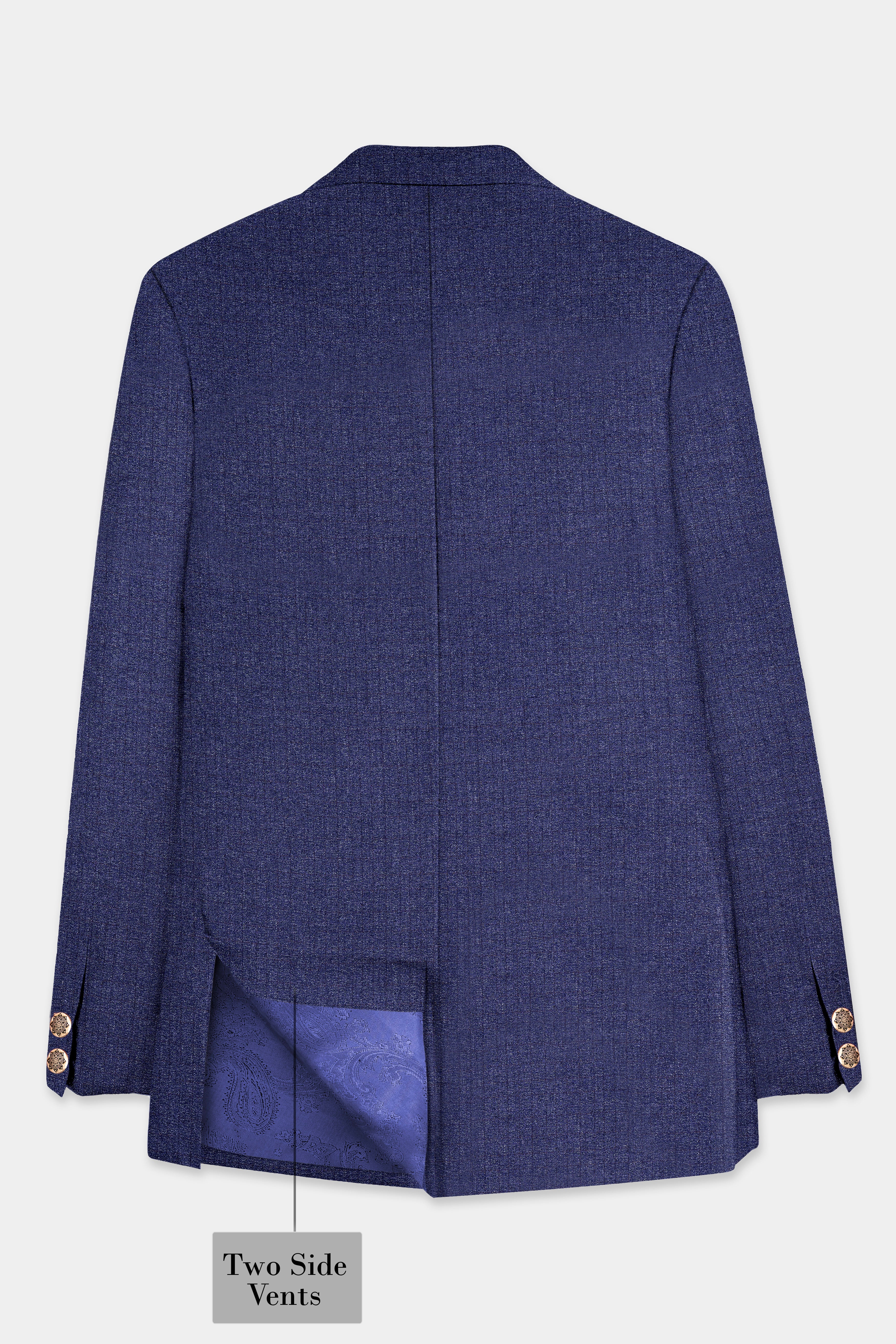 Ebony Clay Blue Textured Wool Blend Cross Placket Bandhgala Blazer