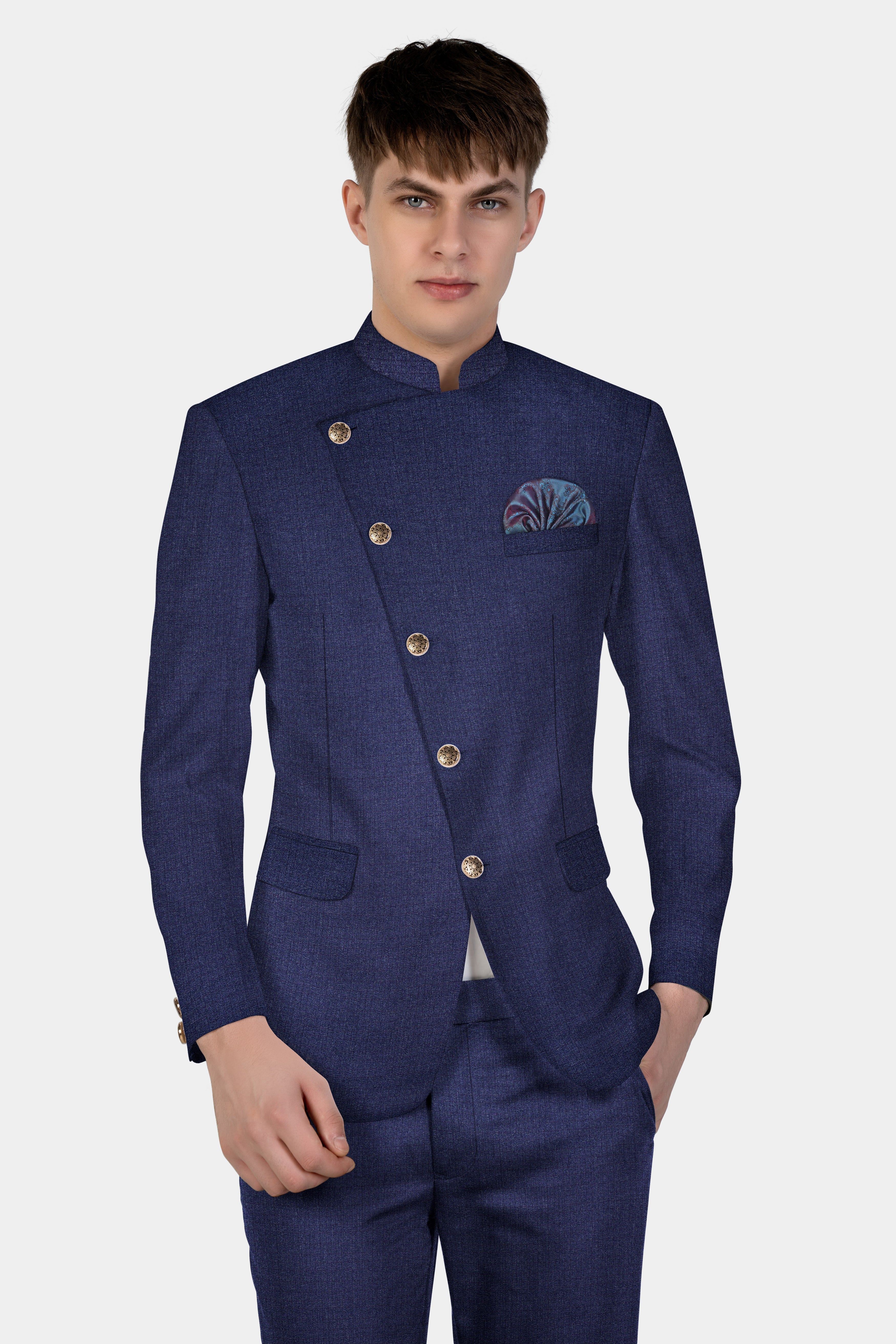 Ebony Clay Blue Textured Wool Blend Cross Placket Bandhgala Blazer